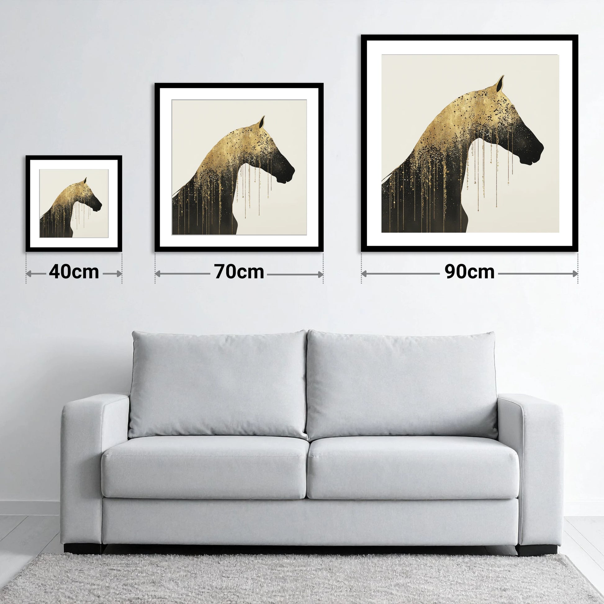 Gilded Equine Silhouette - size guide showing 40cm, 70cm and 90cm art prints
