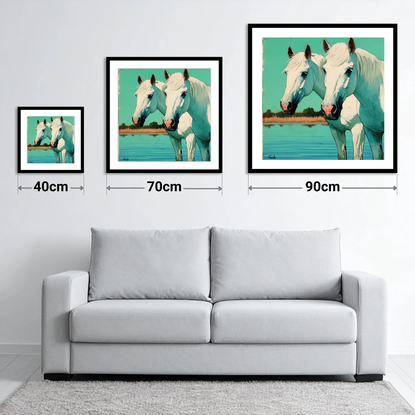 Companions in Teal Waters - size guide showing 40cm, 70cm and 90cm art prints