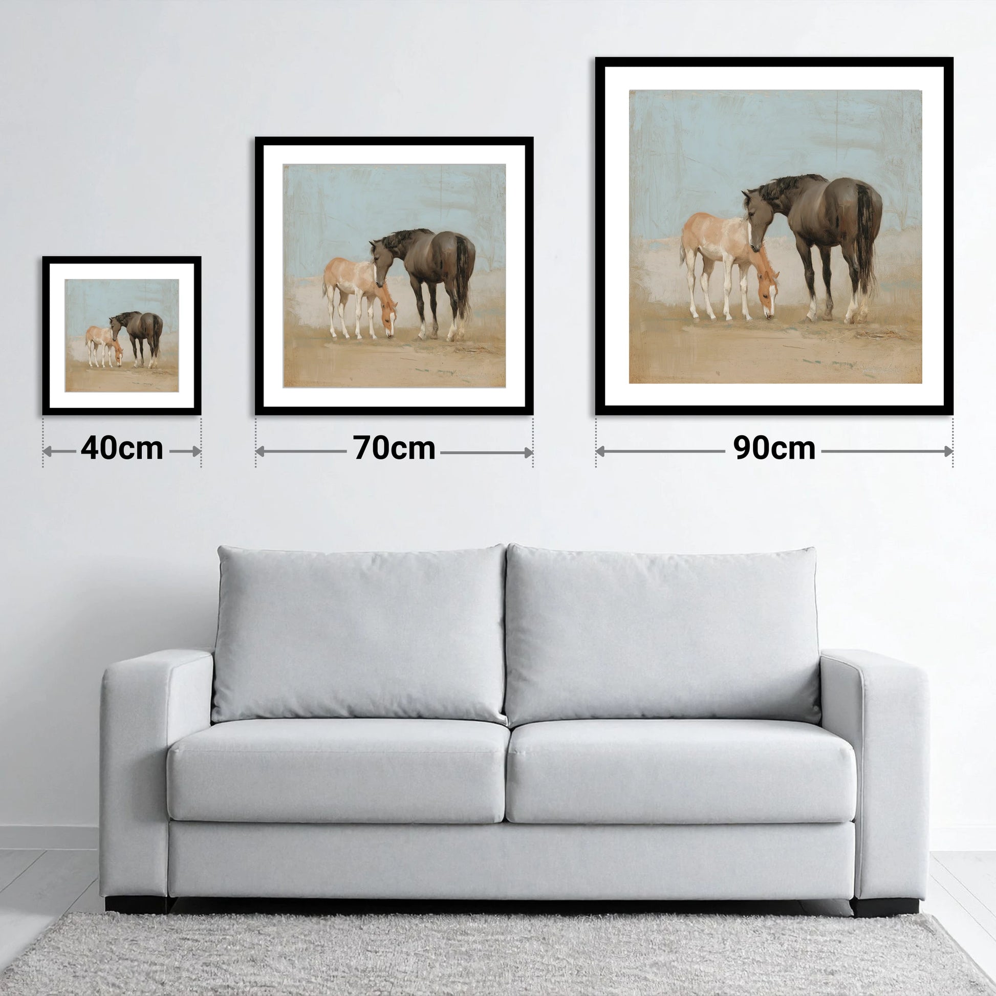 The Quiet Bond - size guide showing 40cm, 70cm and 90cm art prints