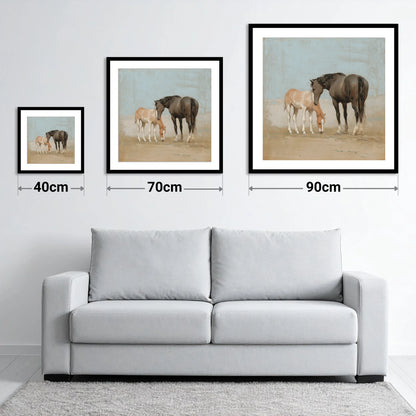 The Quiet Bond - size guide showing 40cm, 70cm and 90cm art prints
