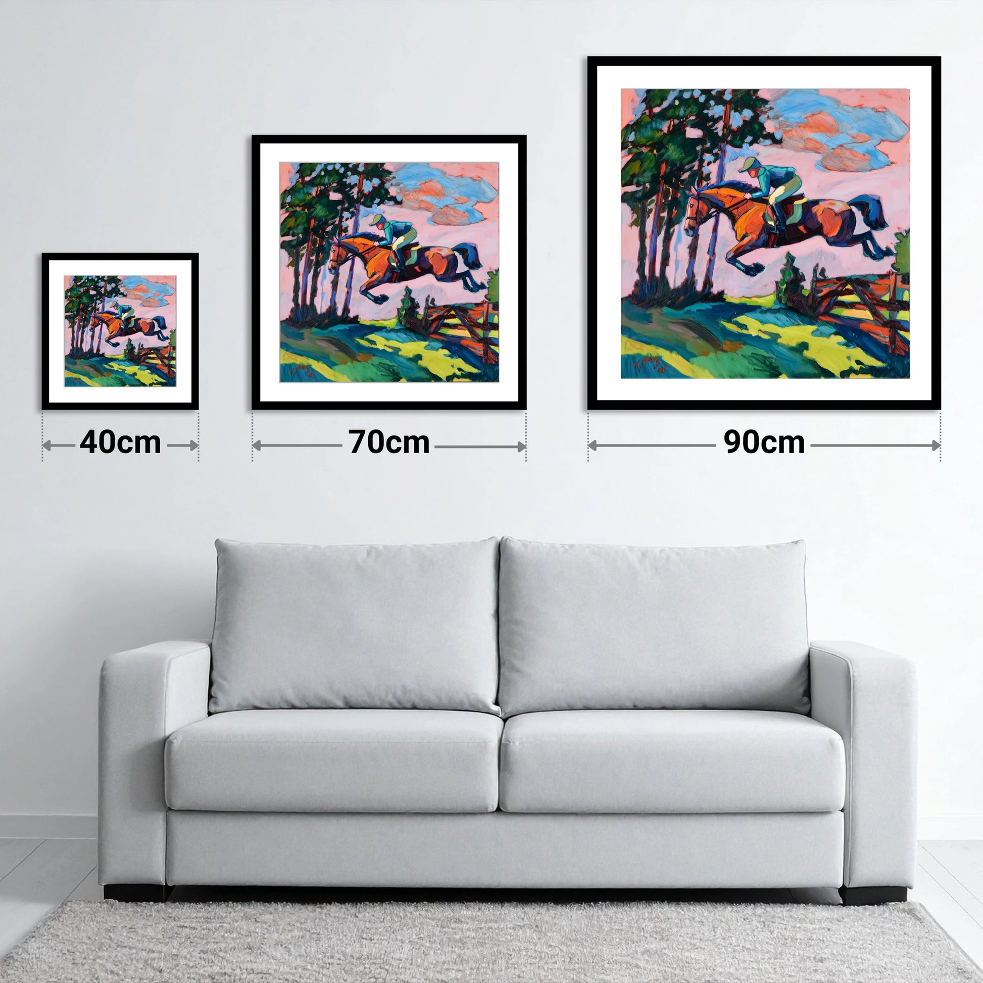 Vibrant Cross Country Leap - size guide showing 40cm, 70cm and 90cm art prints