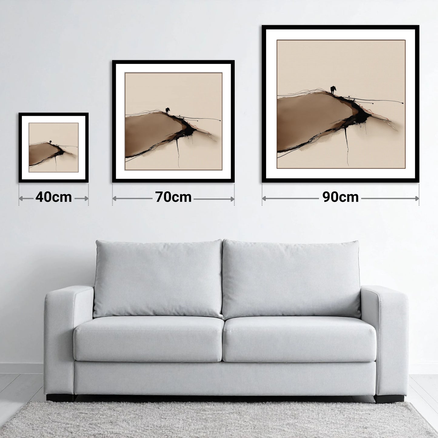 High Ground Silhouette - size guide showing 40cm, 70cm and 90cm art prints