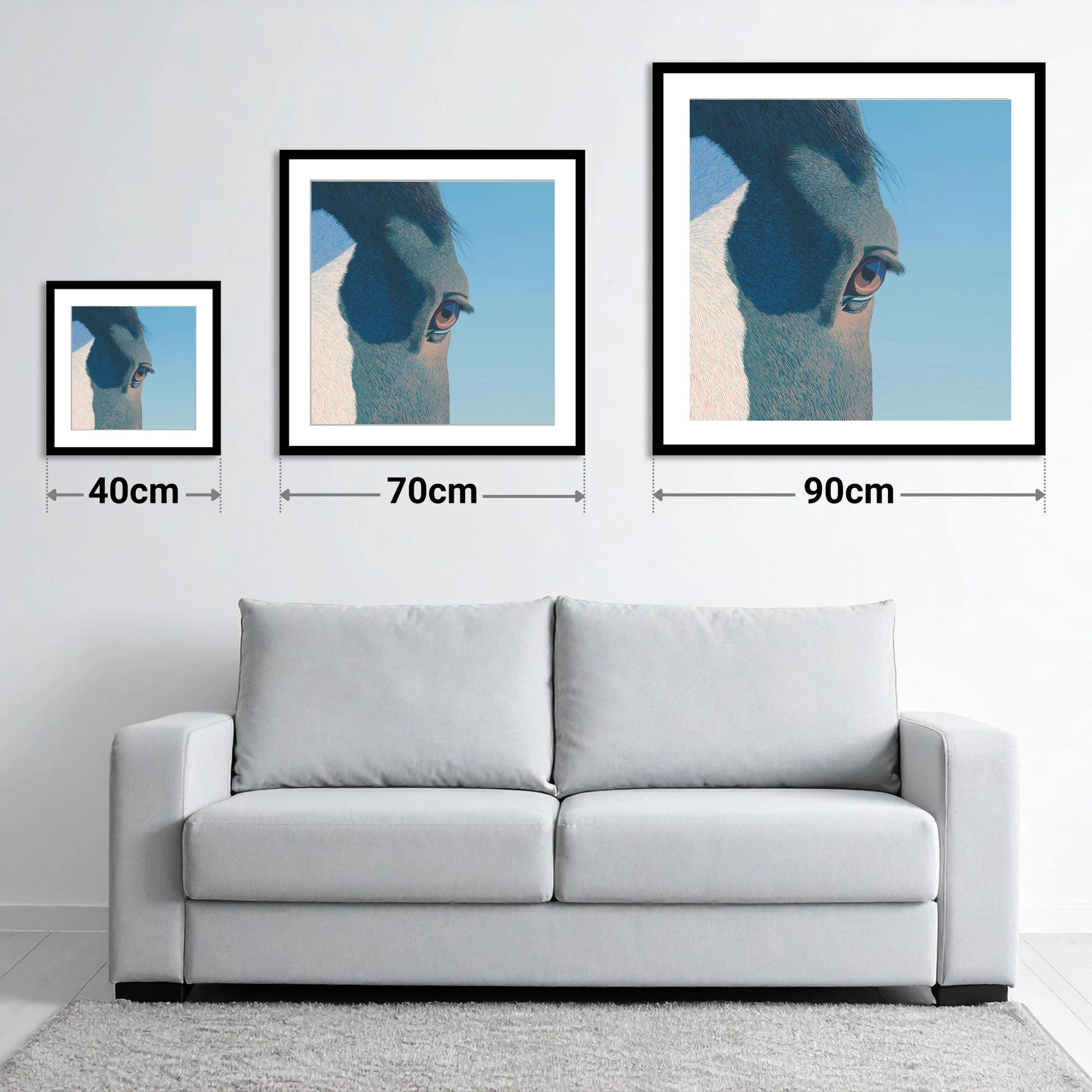 Stillness in Blue - size guide showing 40cm, 70cm and 90cm art prints