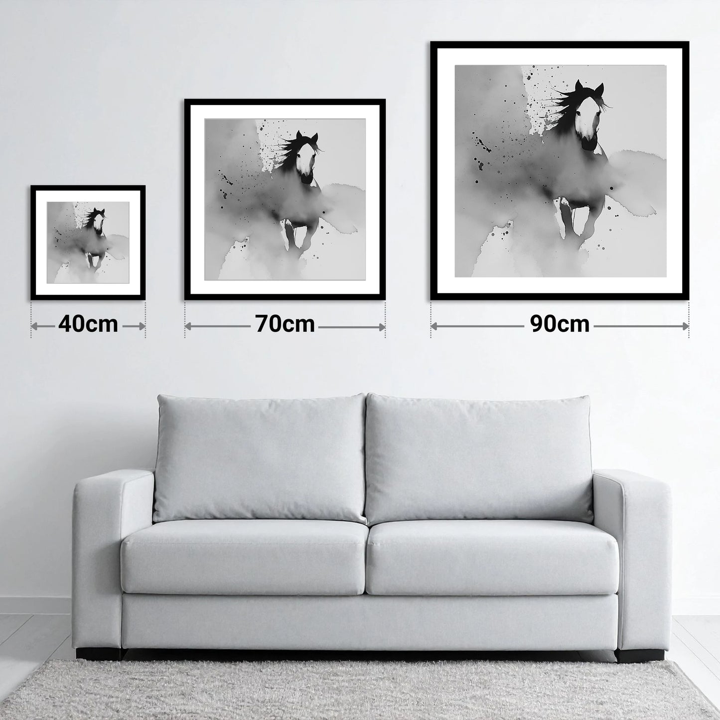 Emerging Spirit - size guide showing 40cm, 70cm and 90cm art prints