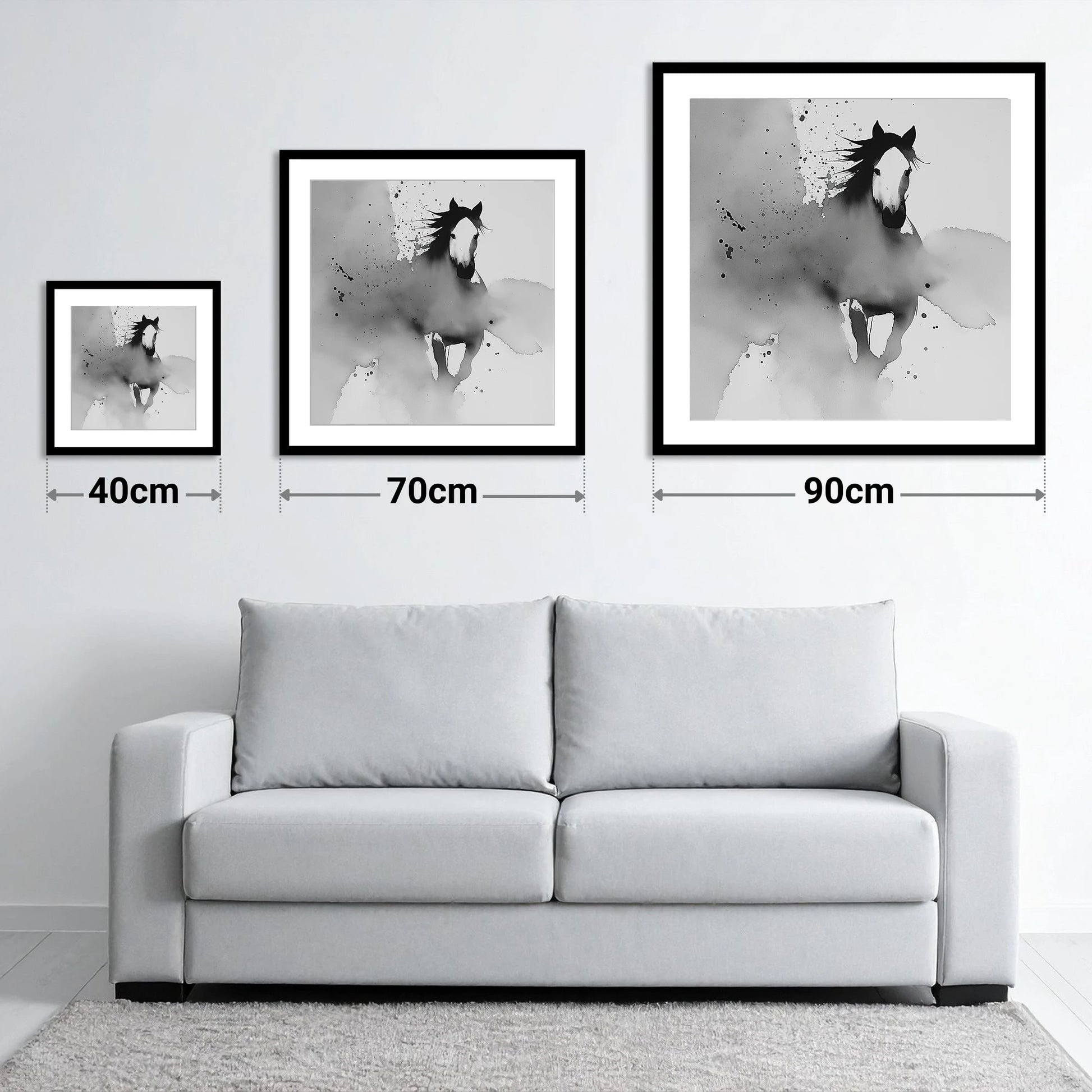 Emerging Spirit - size guide showing 40cm, 70cm and 90cm art prints