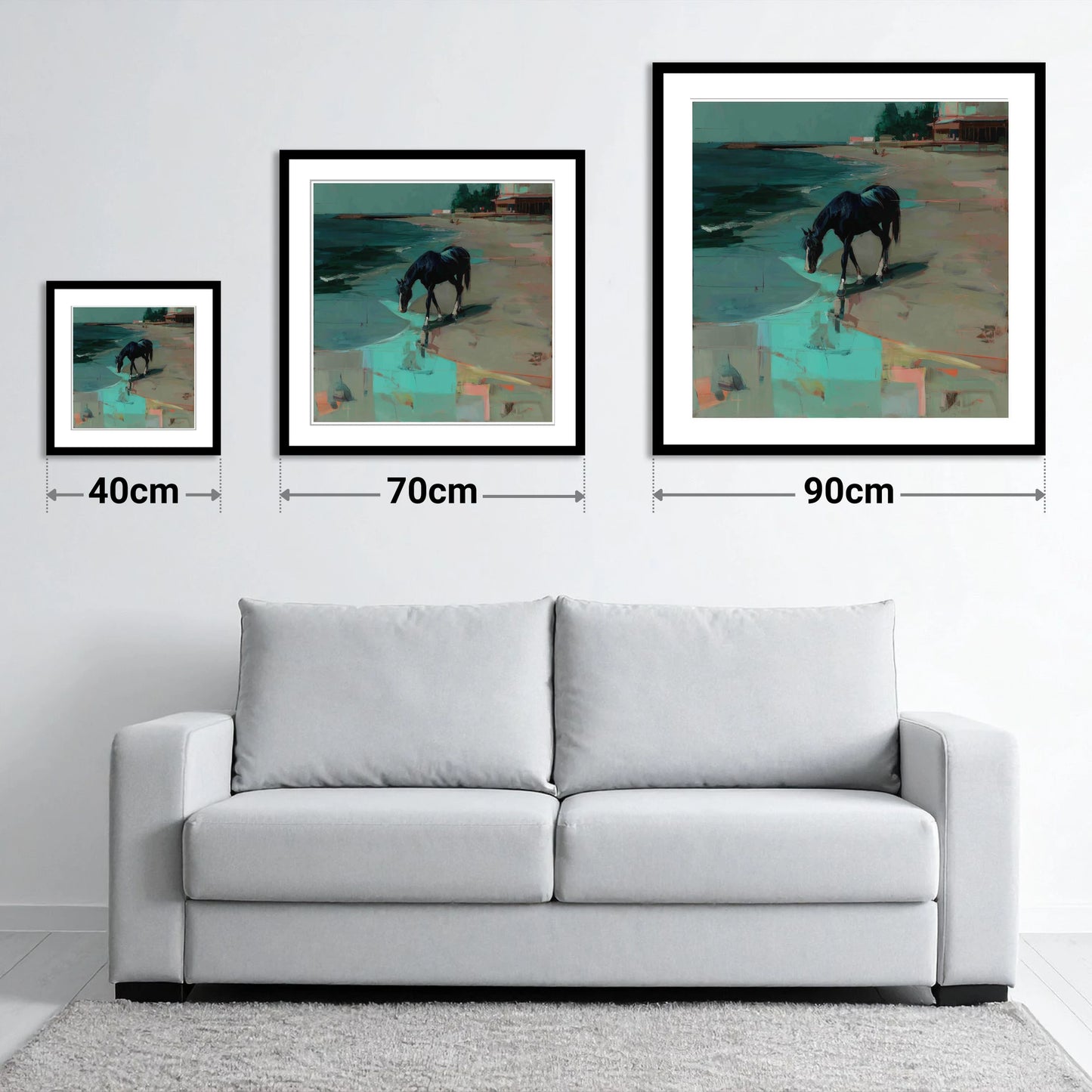 Coastal Solitude - size guide showing 40cm, 70cm and 90cm art prints