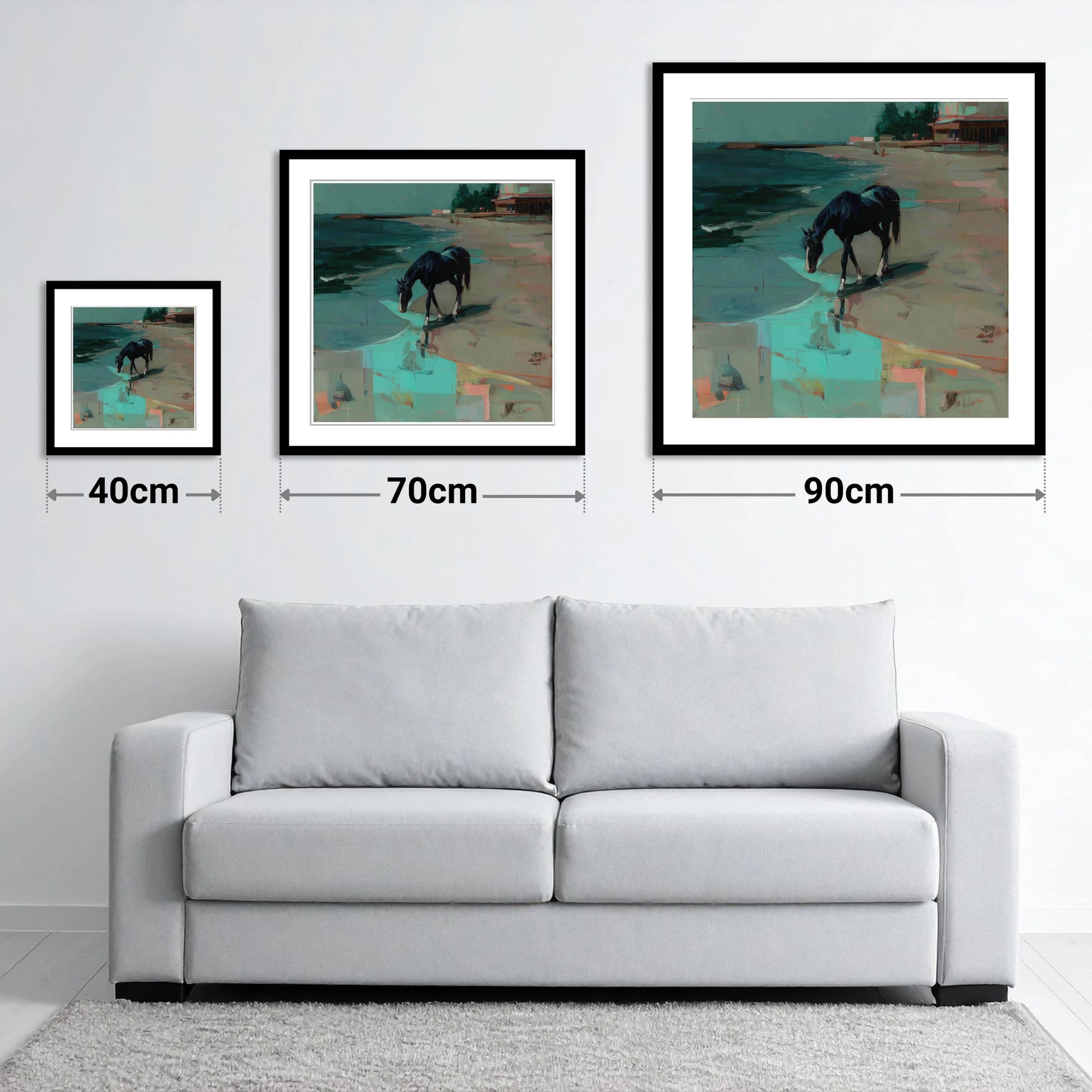 Coastal Solitude - size guide showing 40cm, 70cm and 90cm art prints