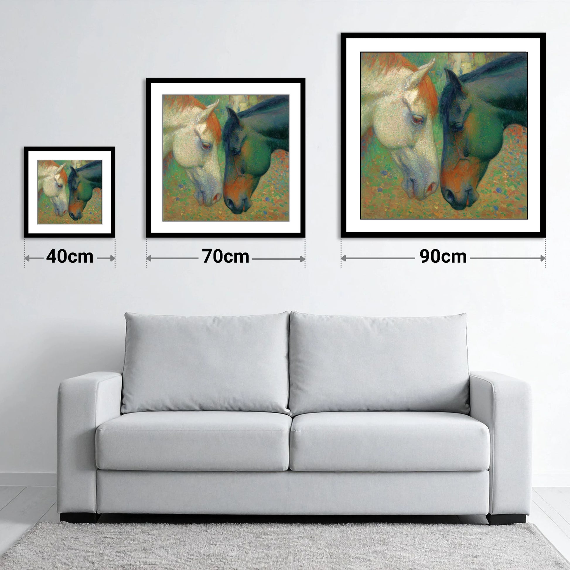 Dappled Companions - size guide showing 40cm, 70cm and 90cm art prints