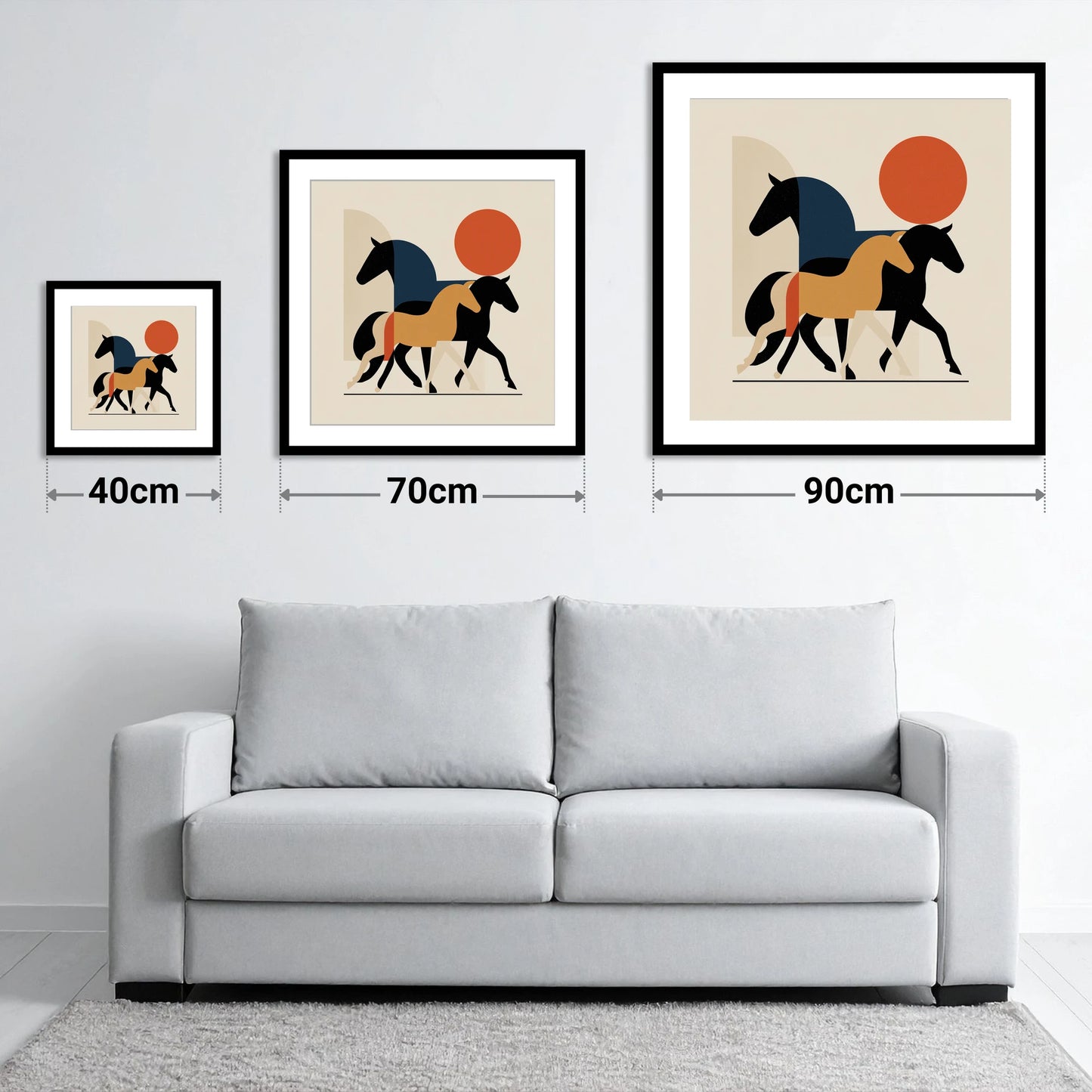 Abstract Equine Trio - size guide showing 40cm, 70cm and 90cm art prints