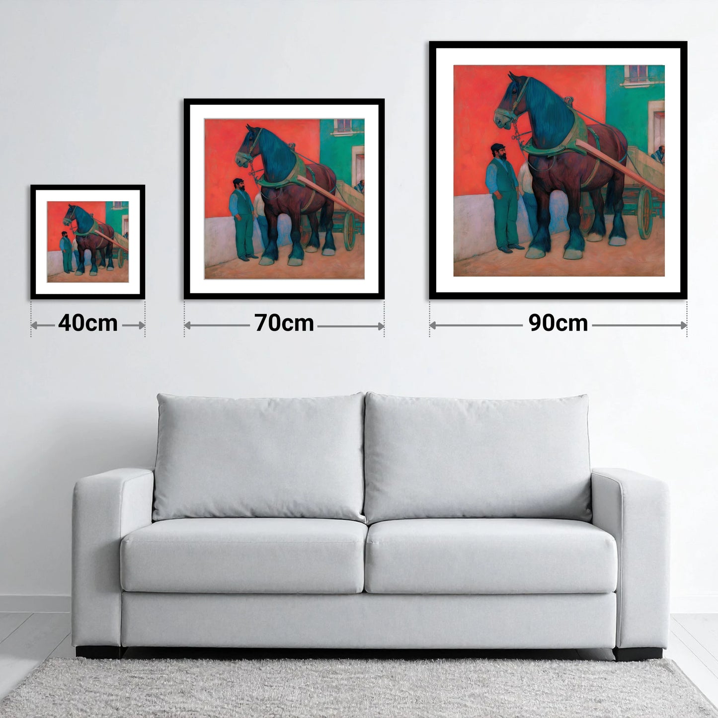 Strength and Stillness - size guide showing 40cm, 70cm and 90cm art prints