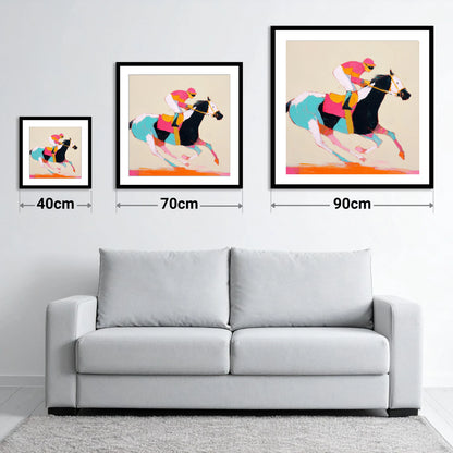 Technicolour Gallop - size guide showing 40cm, 70cm and 90cm art prints