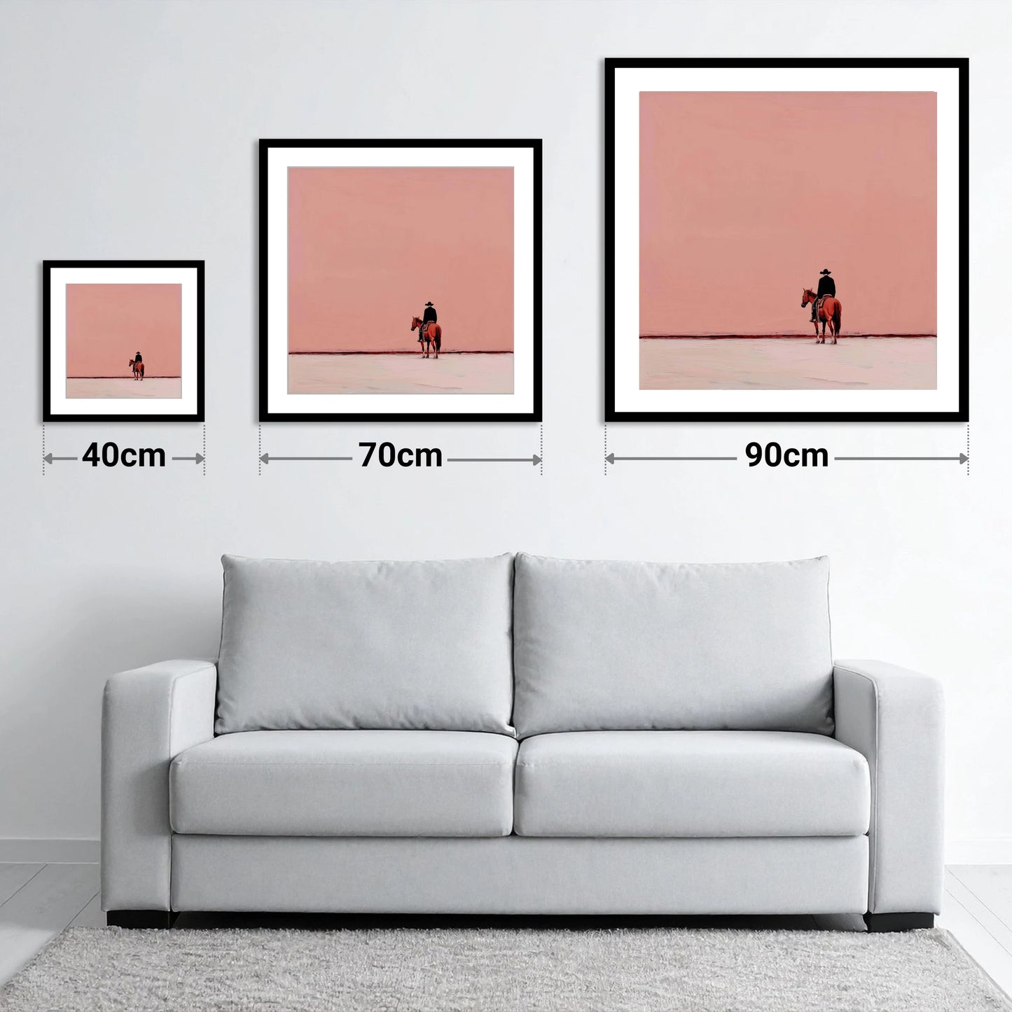 The Quiet Frontier - size guide showing 40cm, 70cm and 90cm art prints
