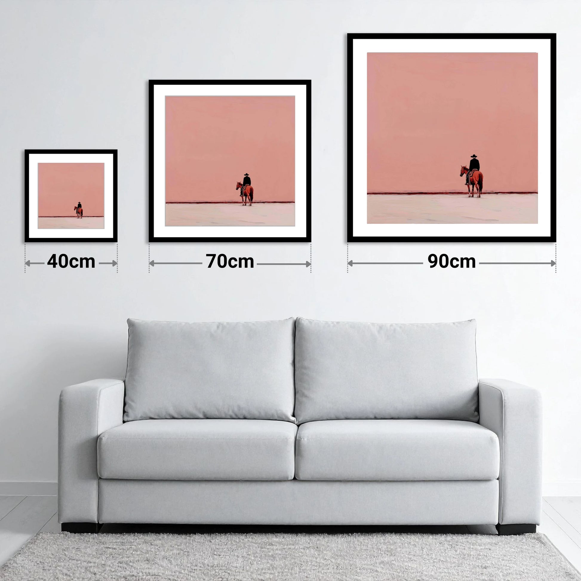 The Quiet Frontier - size guide showing 40cm, 70cm and 90cm art prints