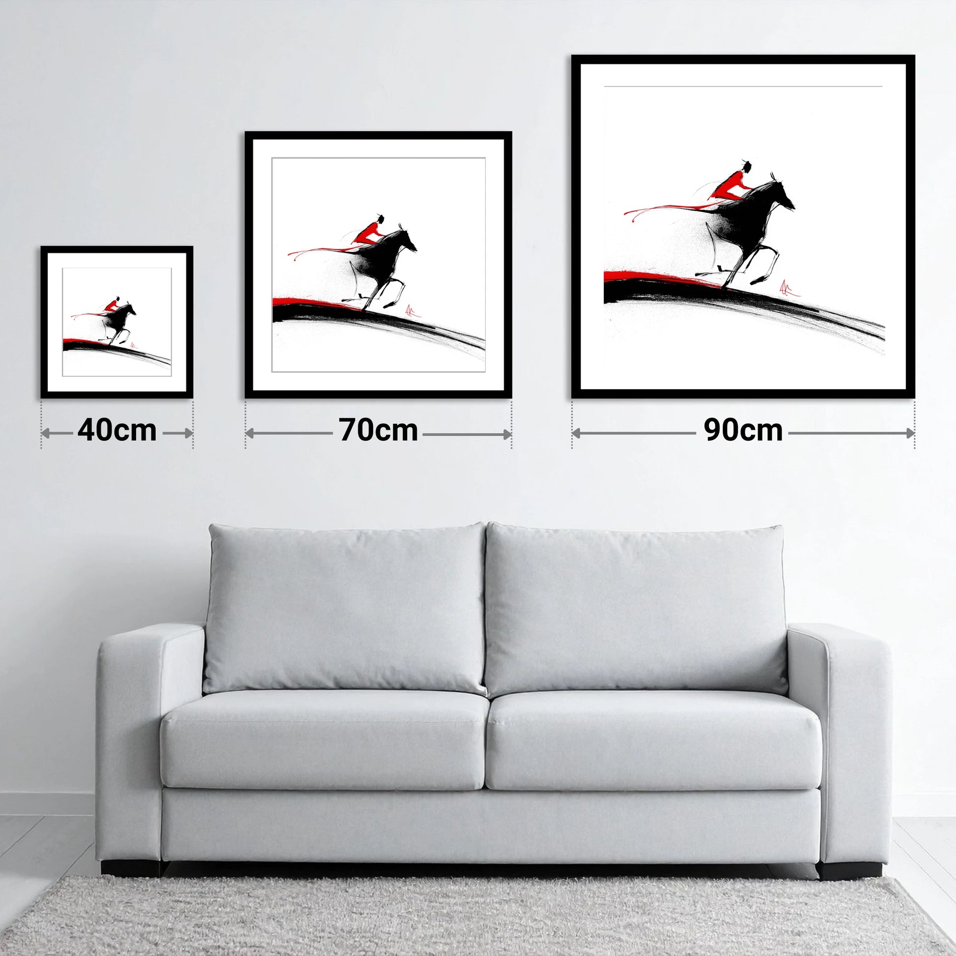 Crimson Pursuit - size guide showing 40cm, 70cm and 90cm art prints