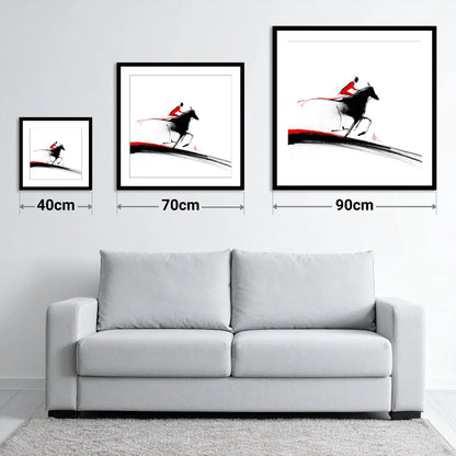 Crimson Pursuit - size guide showing 40cm, 70cm and 90cm art prints