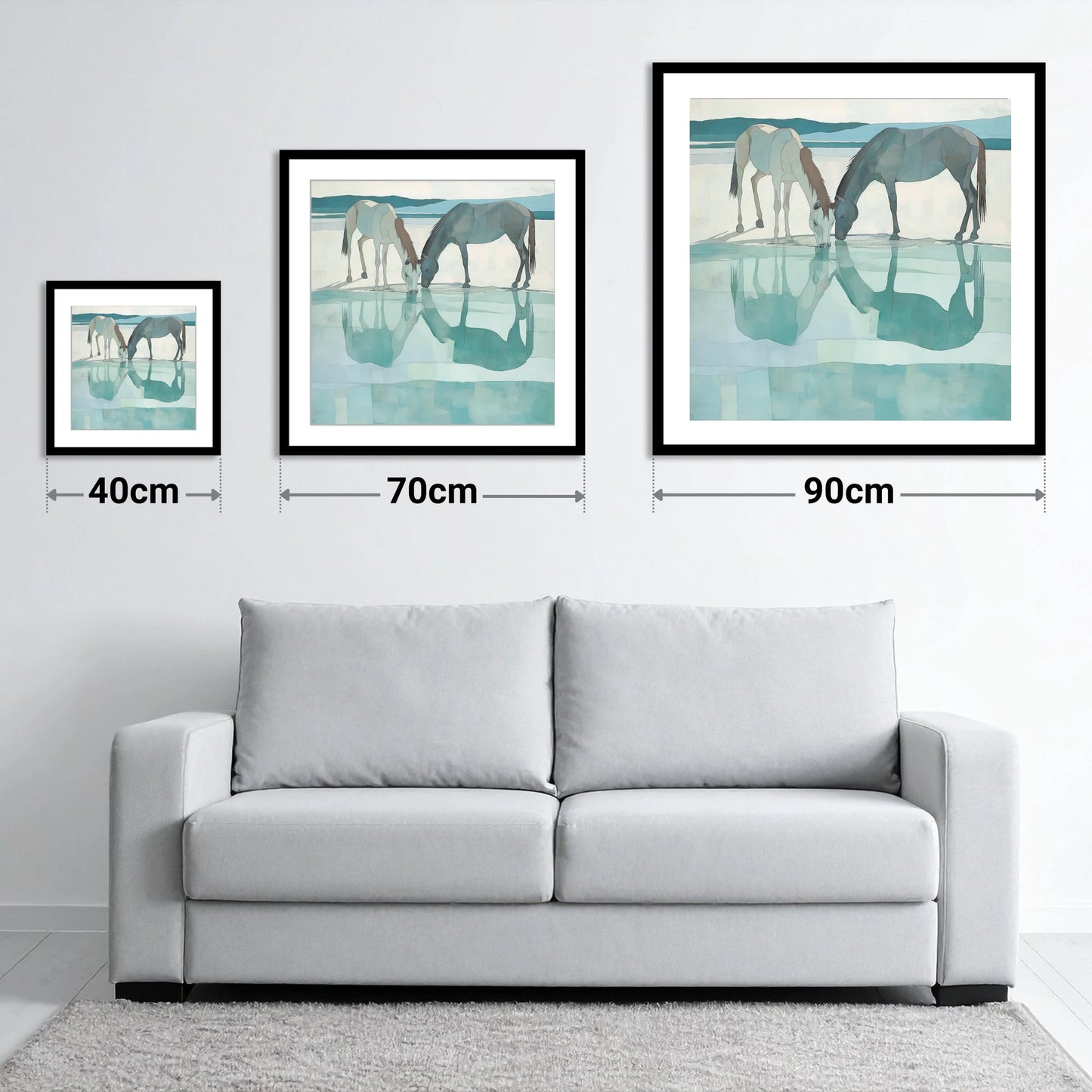 Mirrored Serenity - size guide showing 40cm, 70cm and 90cm art prints