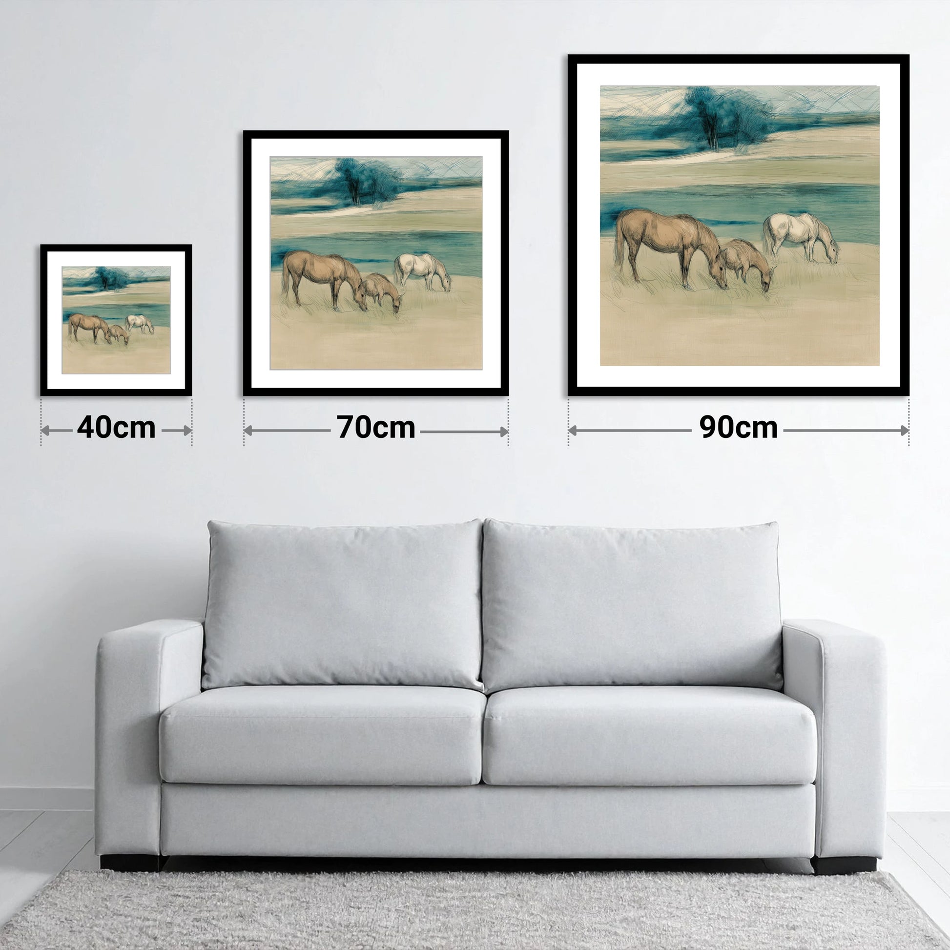 Tranquil Teal Pastures - size guide showing 40cm, 70cm and 90cm art prints