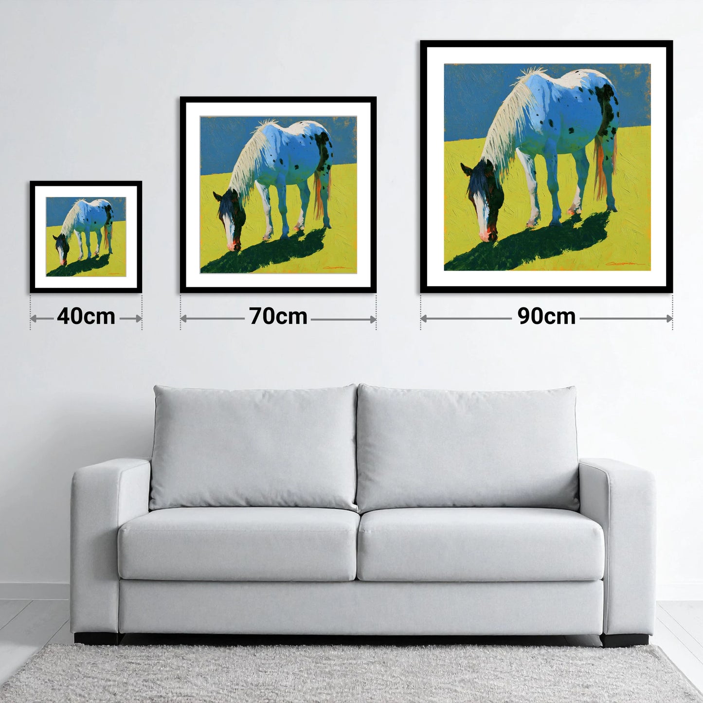 Vibrant Appaloosa Horse Grazing - size guide showing 40cm, 70cm and 90cm art prints