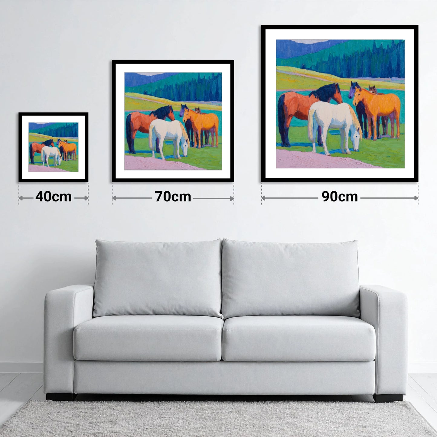 Vivid Pasture Herd - size guide showing 40cm, 70cm and 90cm art prints