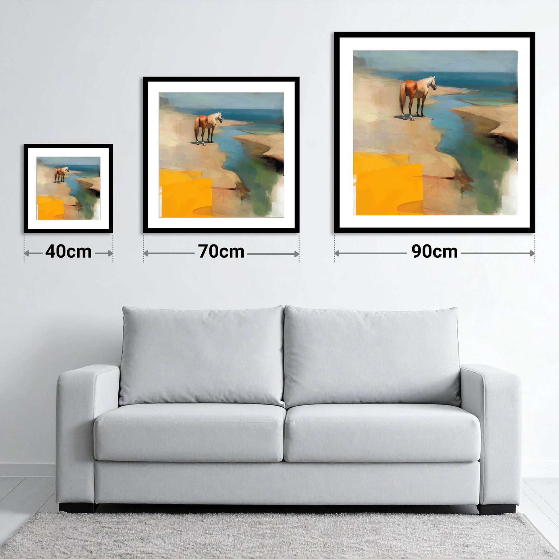 Golden Shoreline Solitude - size guide showing 40cm, 70cm and 90cm art prints
