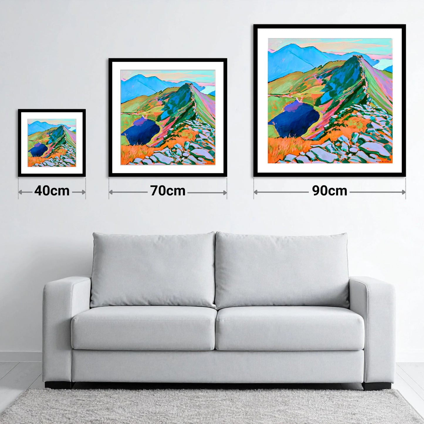 Vibrant Mountain Ridge Landscape - size guide showing 40cm, 70cm and 90cm art prints