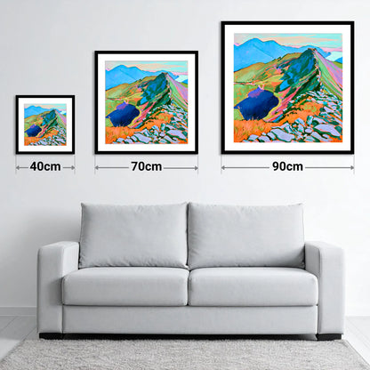 Vibrant Mountain Ridge Landscape - size guide showing 40cm, 70cm and 90cm art prints