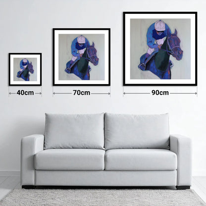 Focused in Blue - size guide showing 40cm, 70cm and 90cm art prints