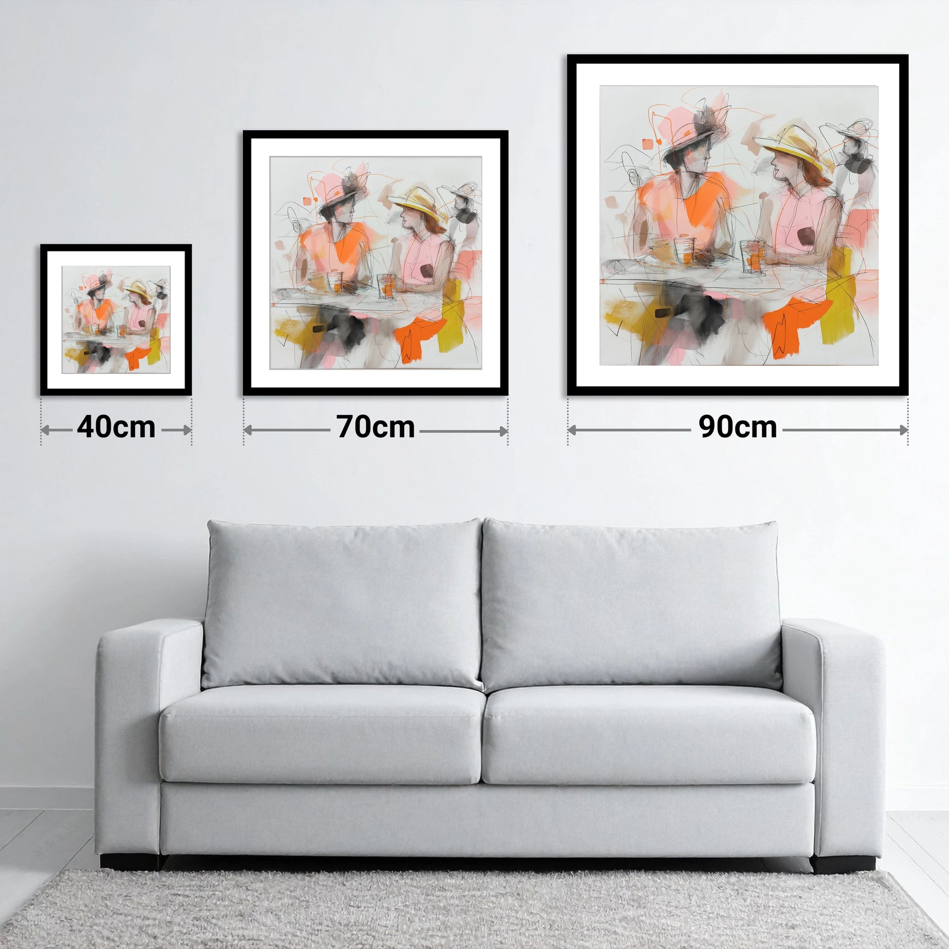 Between Races - size guide showing 40cm, 70cm and 90cm art prints