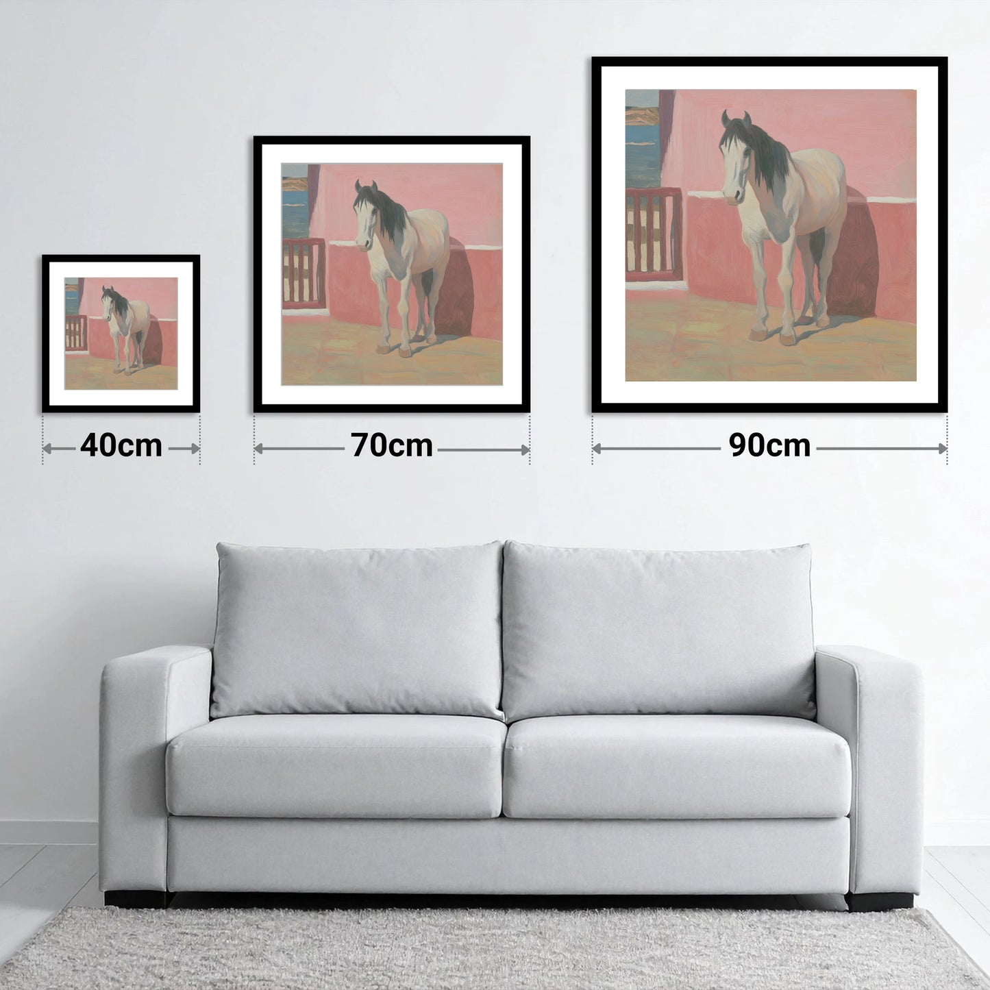 Coastal Courtyard Grey - size guide showing 40cm, 70cm and 90cm art prints