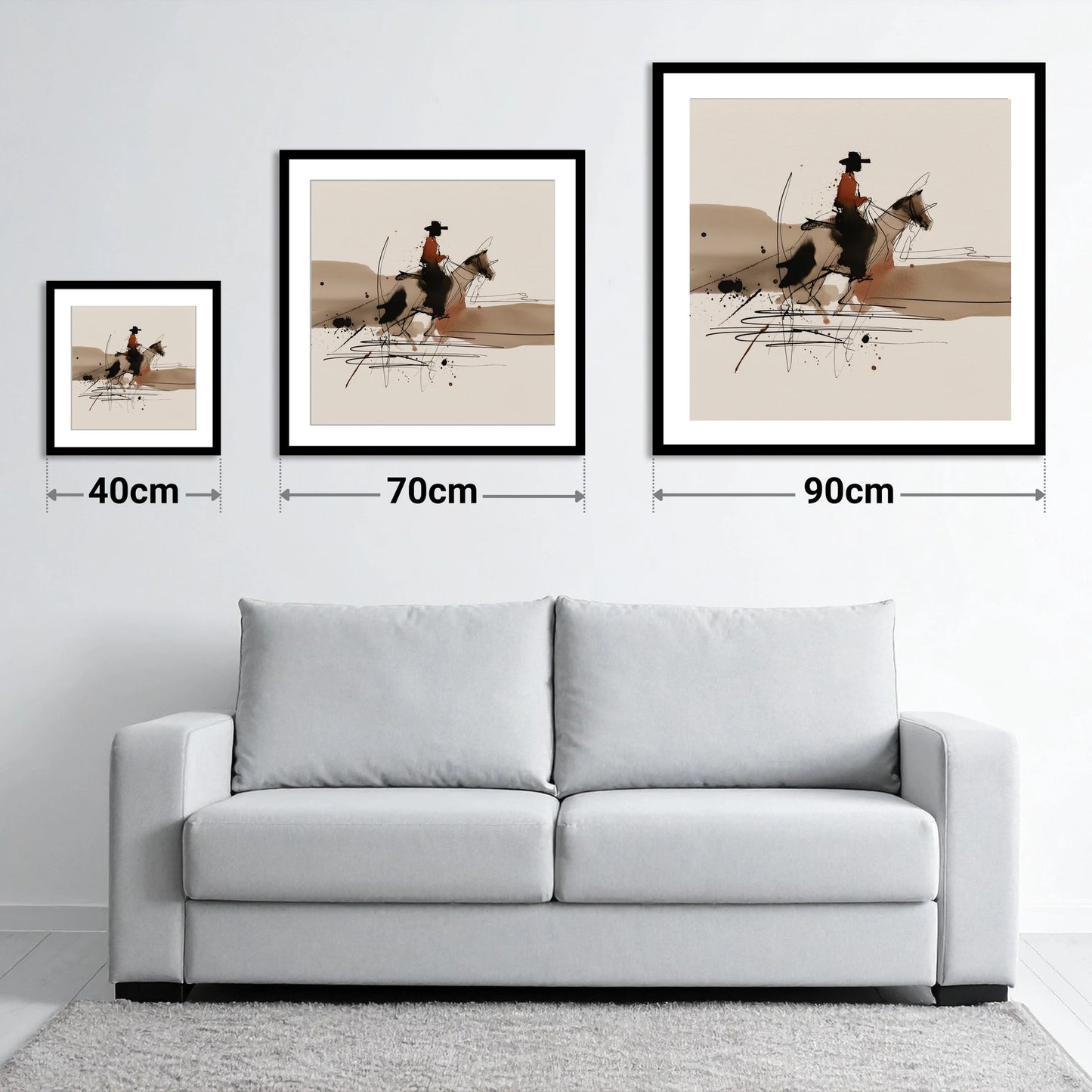 Western Trail Silhouette - size guide showing 40cm, 70cm and 90cm art prints