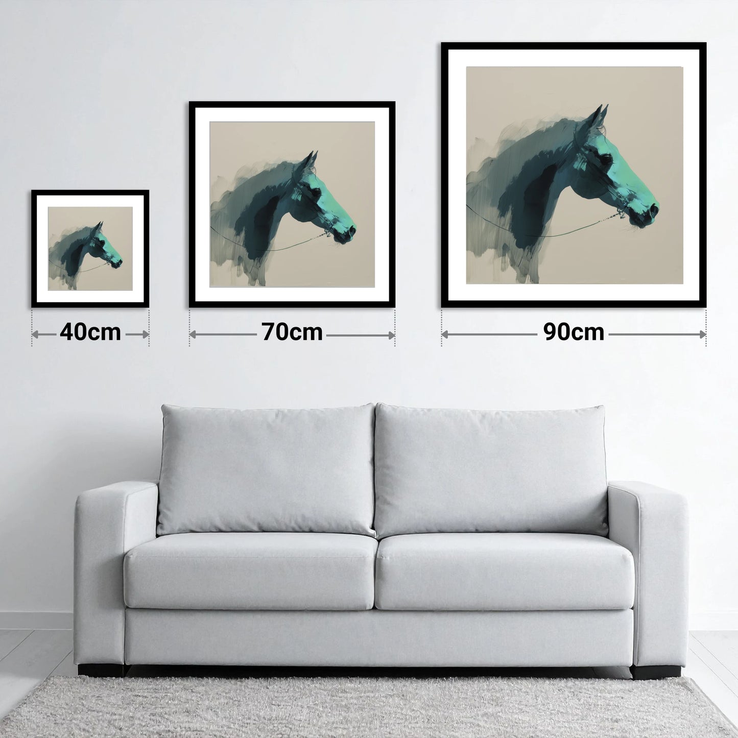 Teal Shadow Profile - size guide showing 40cm, 70cm and 90cm art prints