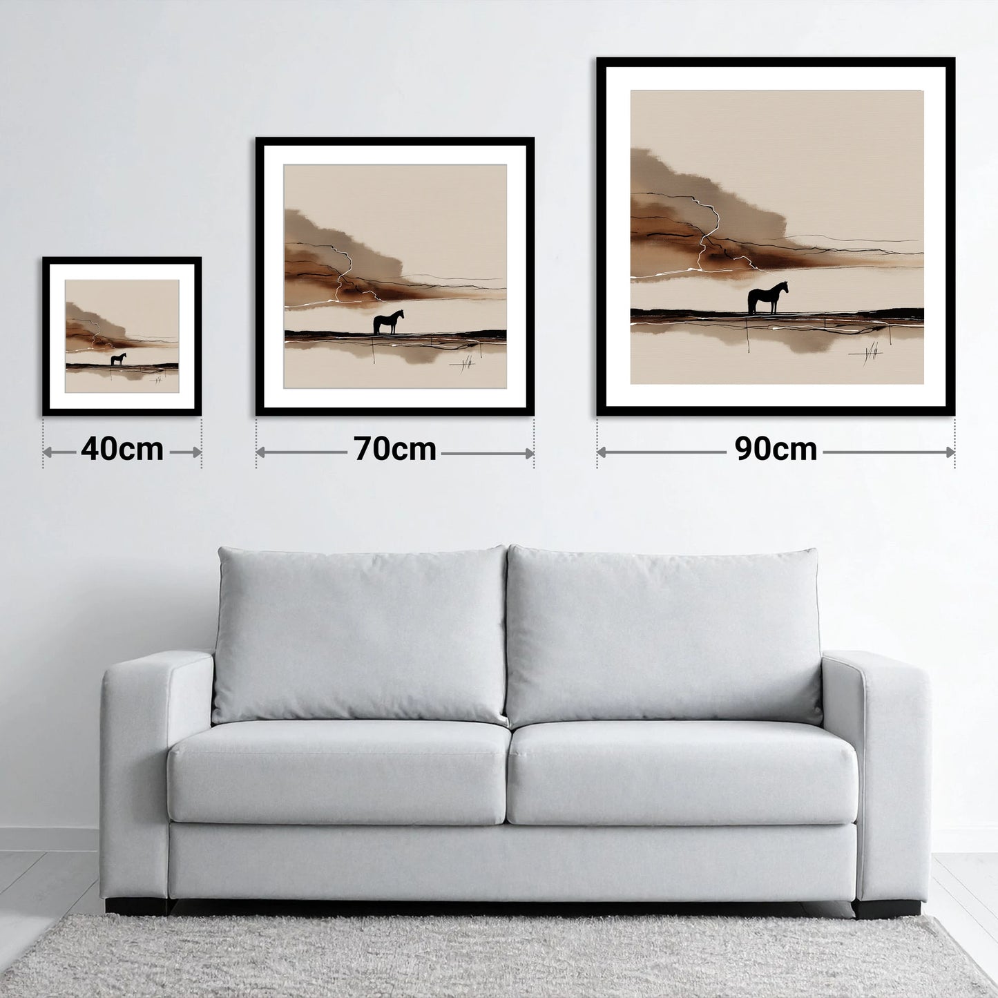 Lightning on the Horizon - size guide showing 40cm, 70cm and 90cm art prints