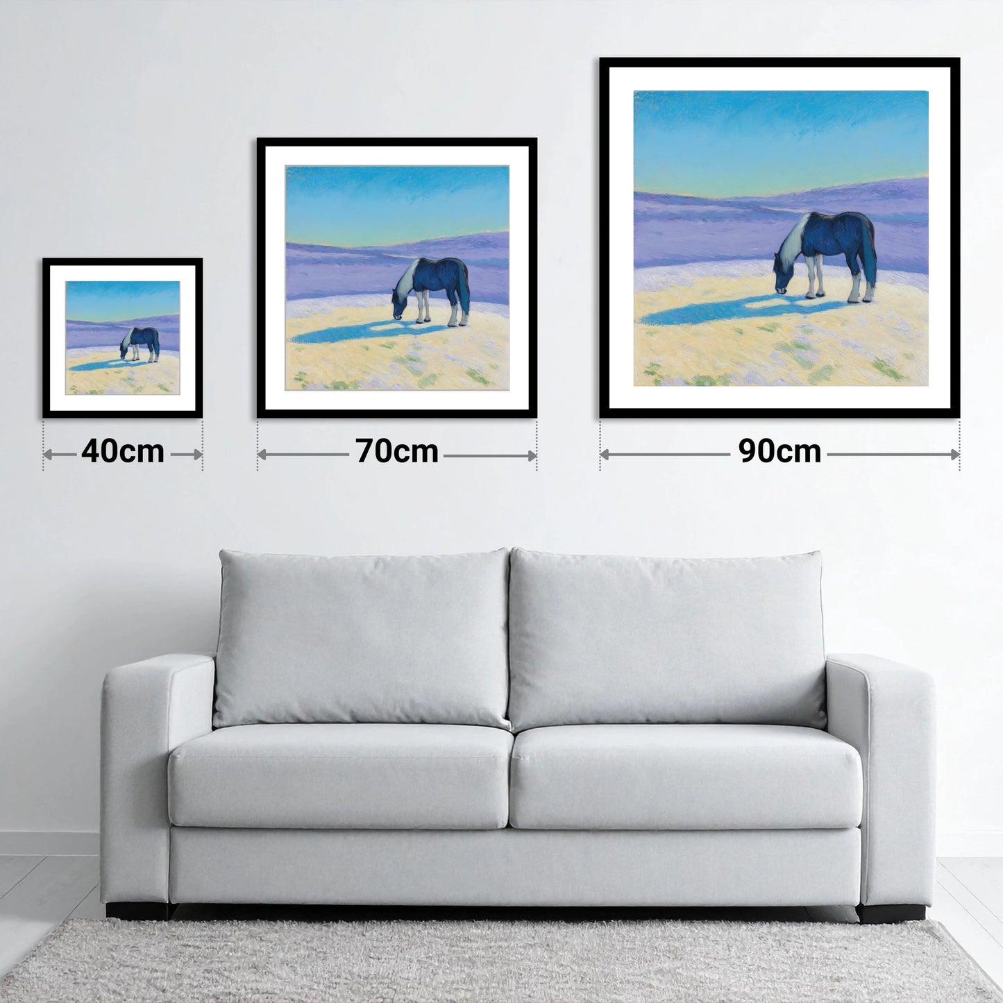 Indigo Shadow Grazing - size guide showing 40cm, 70cm and 90cm art prints