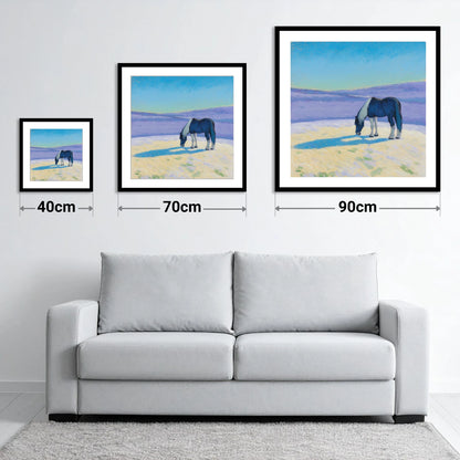Indigo Shadow Grazing - size guide showing 40cm, 70cm and 90cm art prints