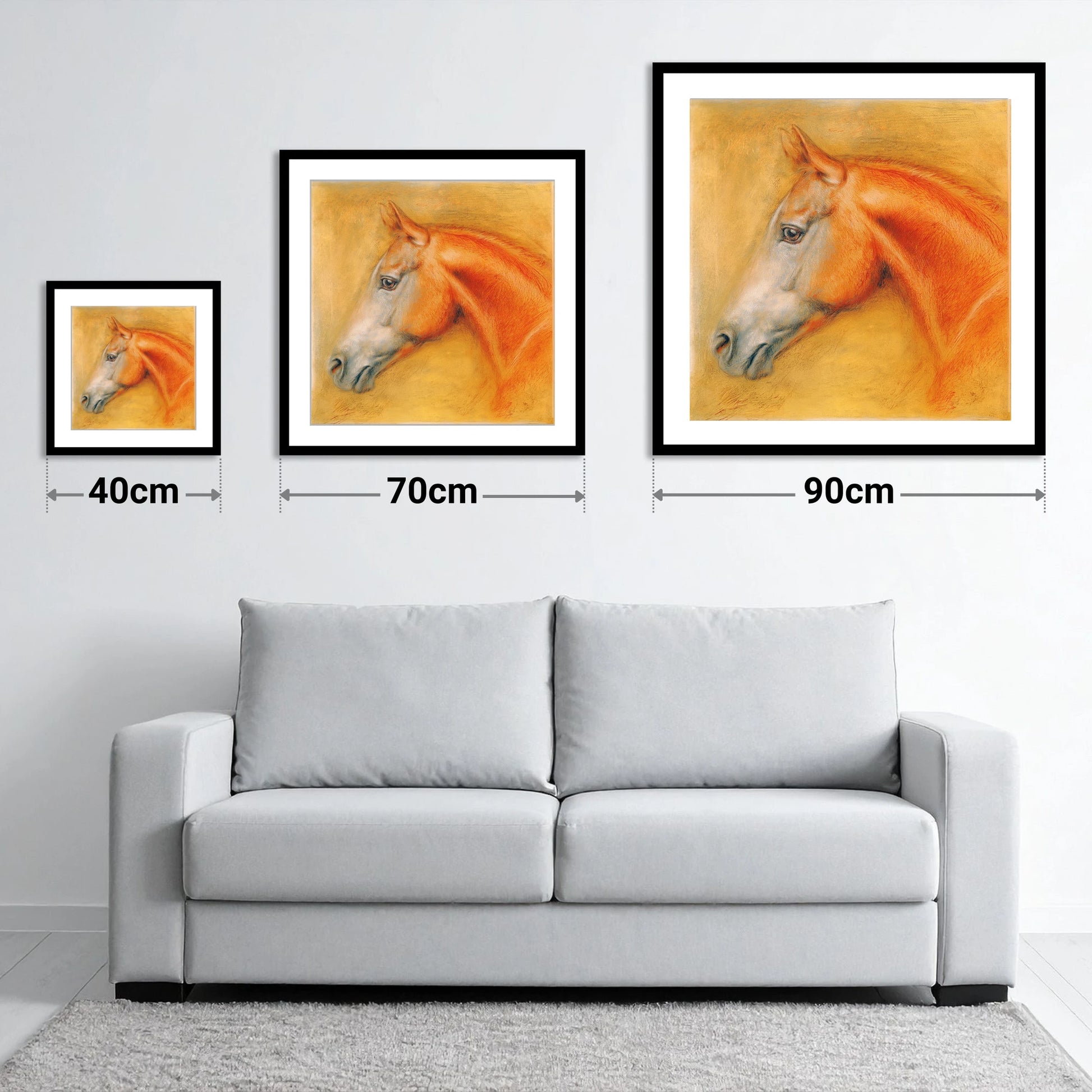 Radiant Chestnut Profile - size guide showing 40cm, 70cm and 90cm art prints