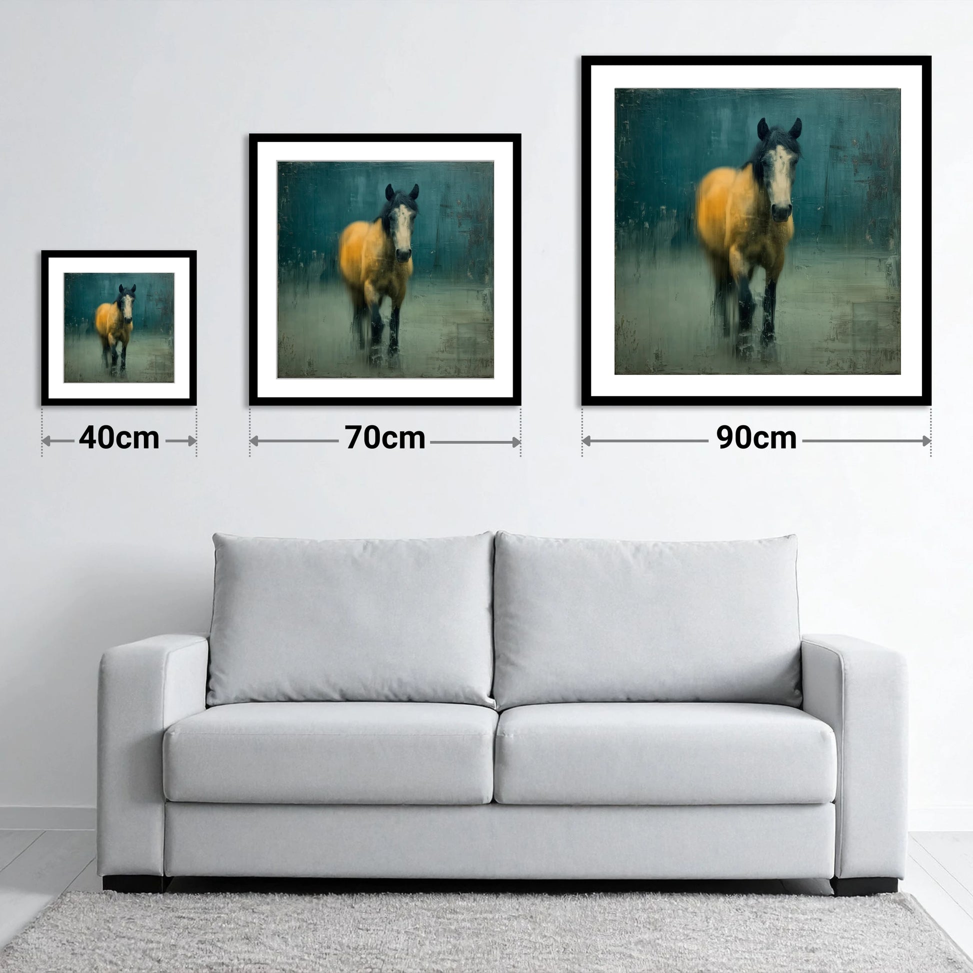 Stepping Through Slate - size guide showing 40cm, 70cm and 90cm art prints