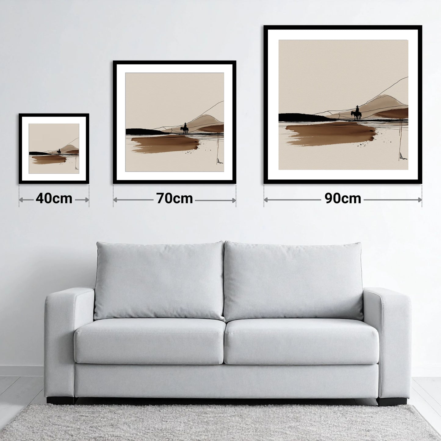 Frontier Silhouette - size guide showing 40cm, 70cm and 90cm art prints