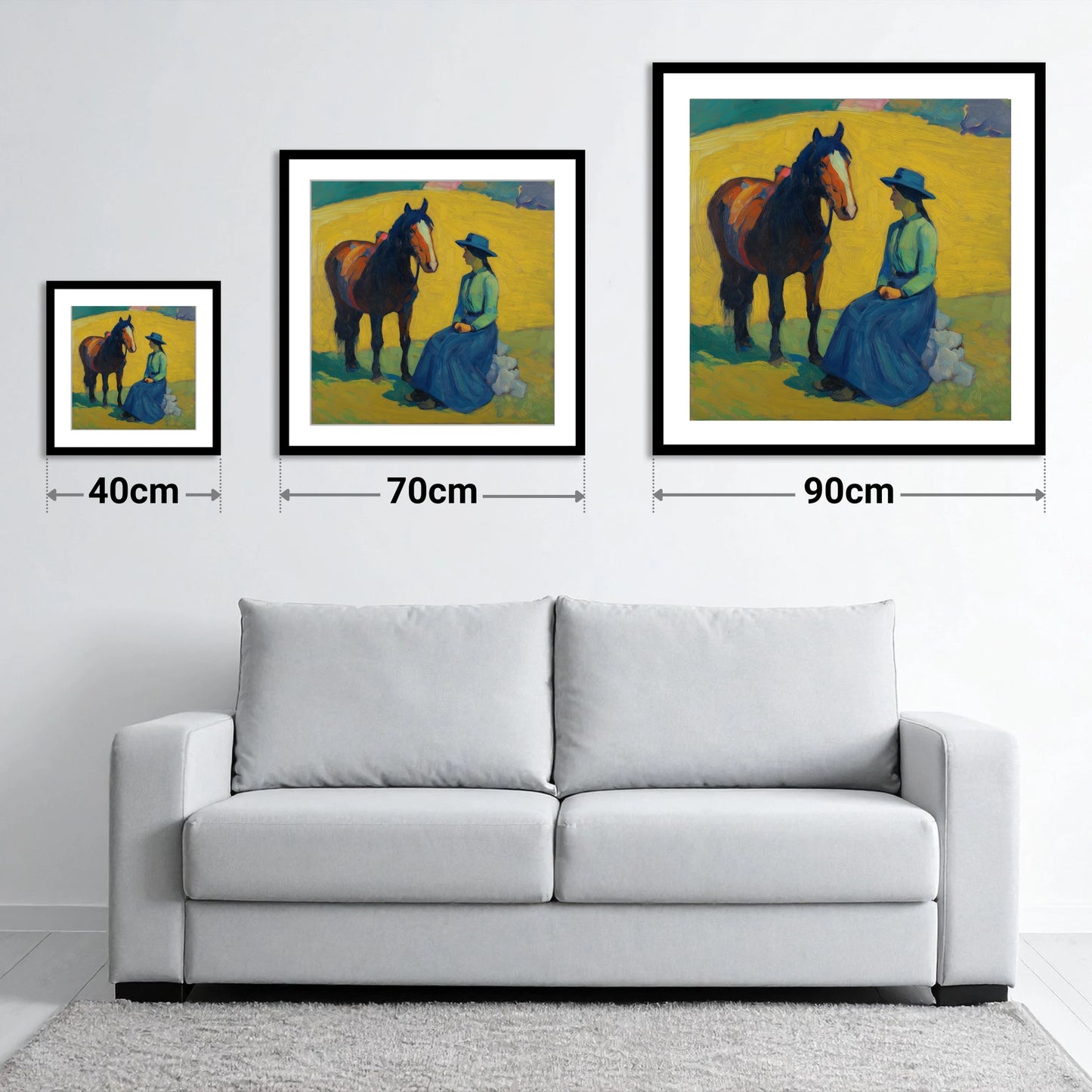 The Radiant Exchange - size guide showing 40cm, 70cm and 90cm art prints