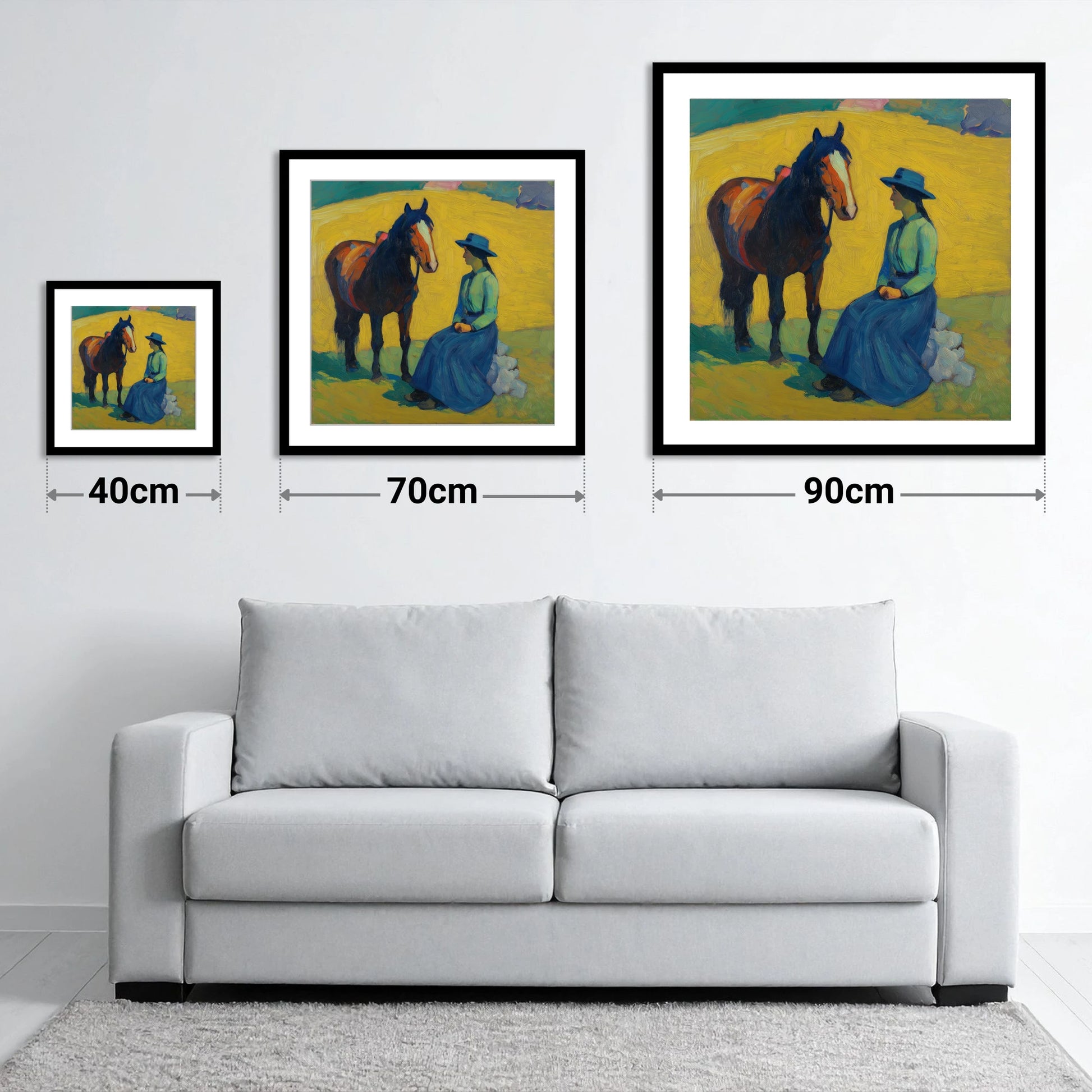 The Radiant Exchange - size guide showing 40cm, 70cm and 90cm art prints