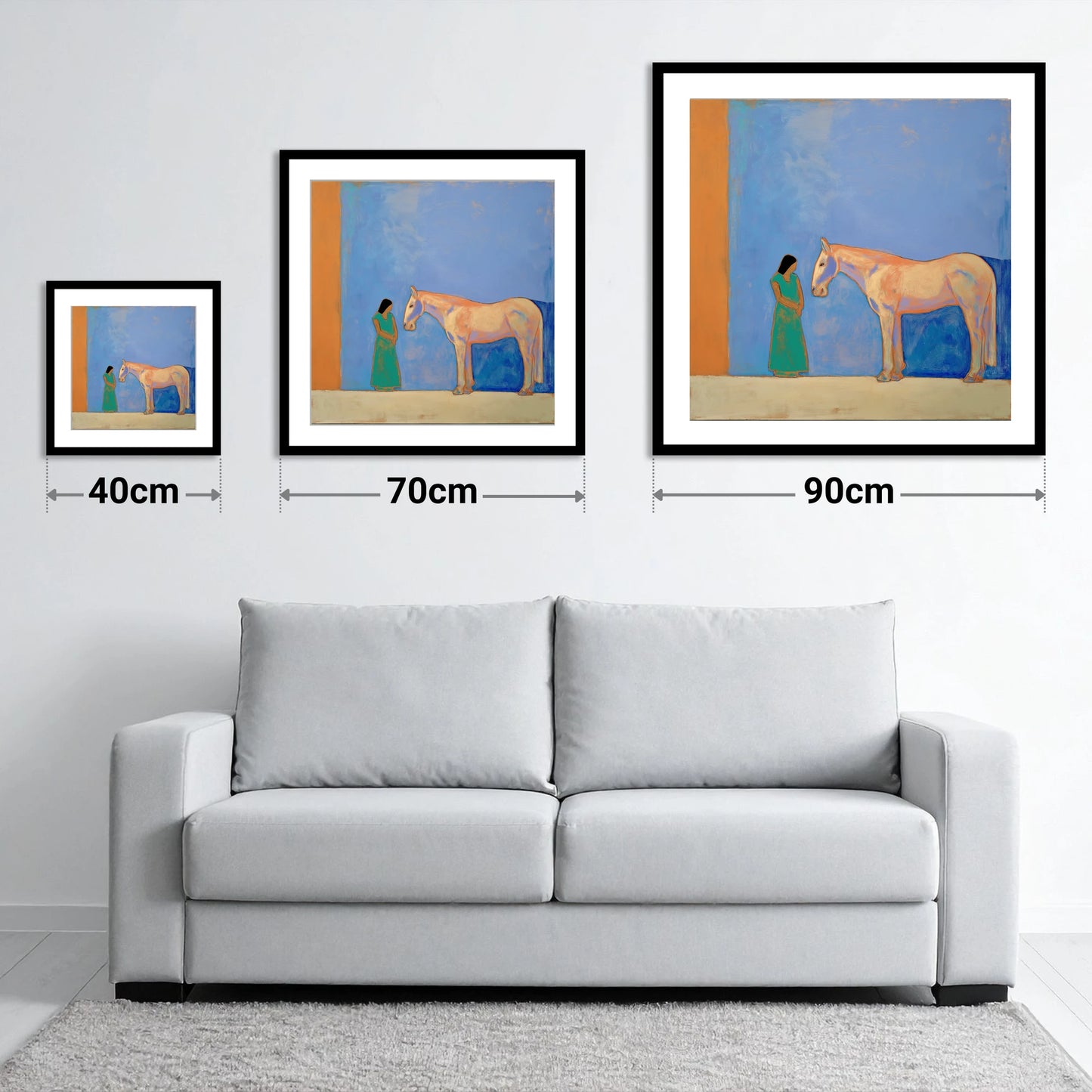 Silent Understanding - size guide showing 40cm, 70cm and 90cm art prints