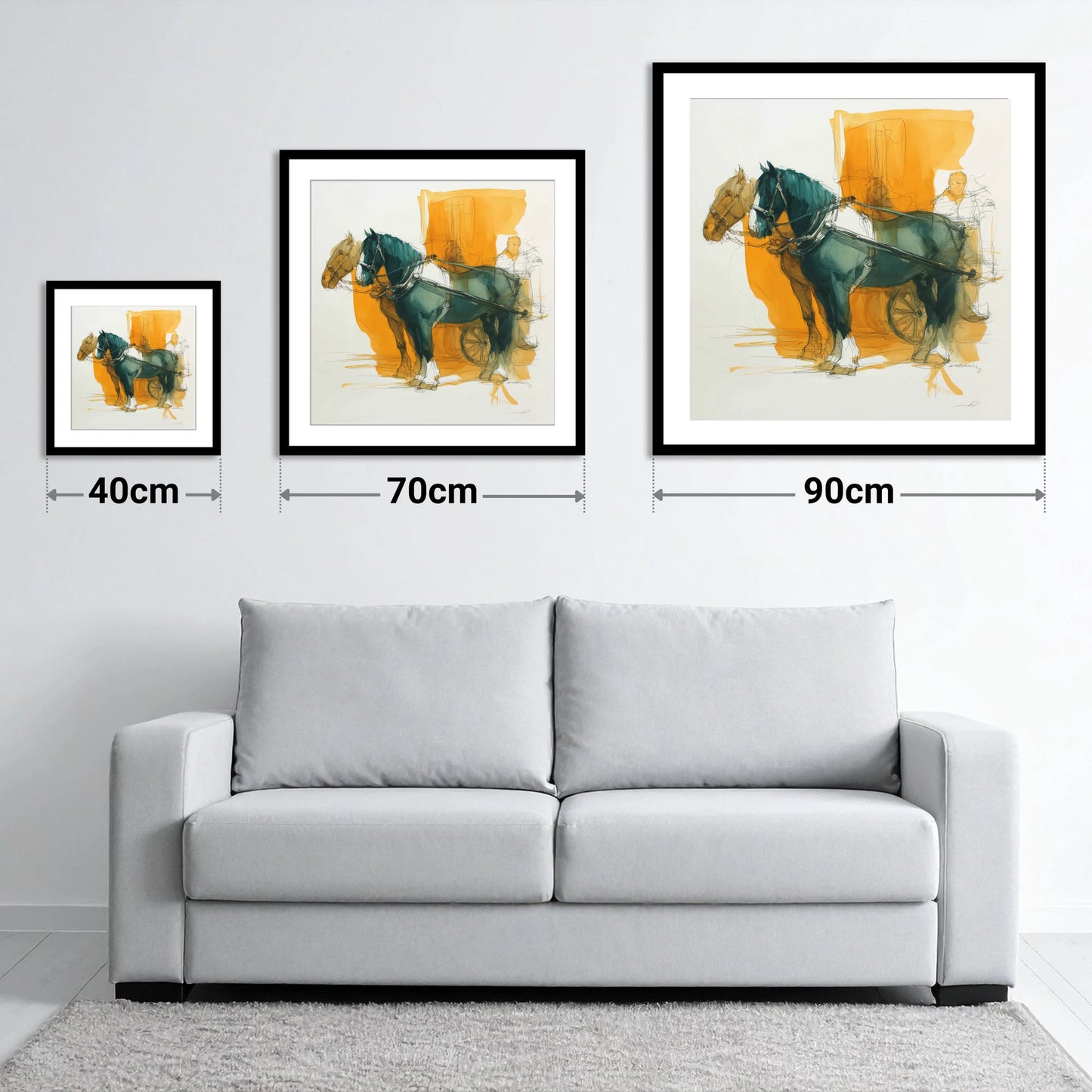 Harnessed in Amber - size guide showing 40cm, 70cm and 90cm art prints