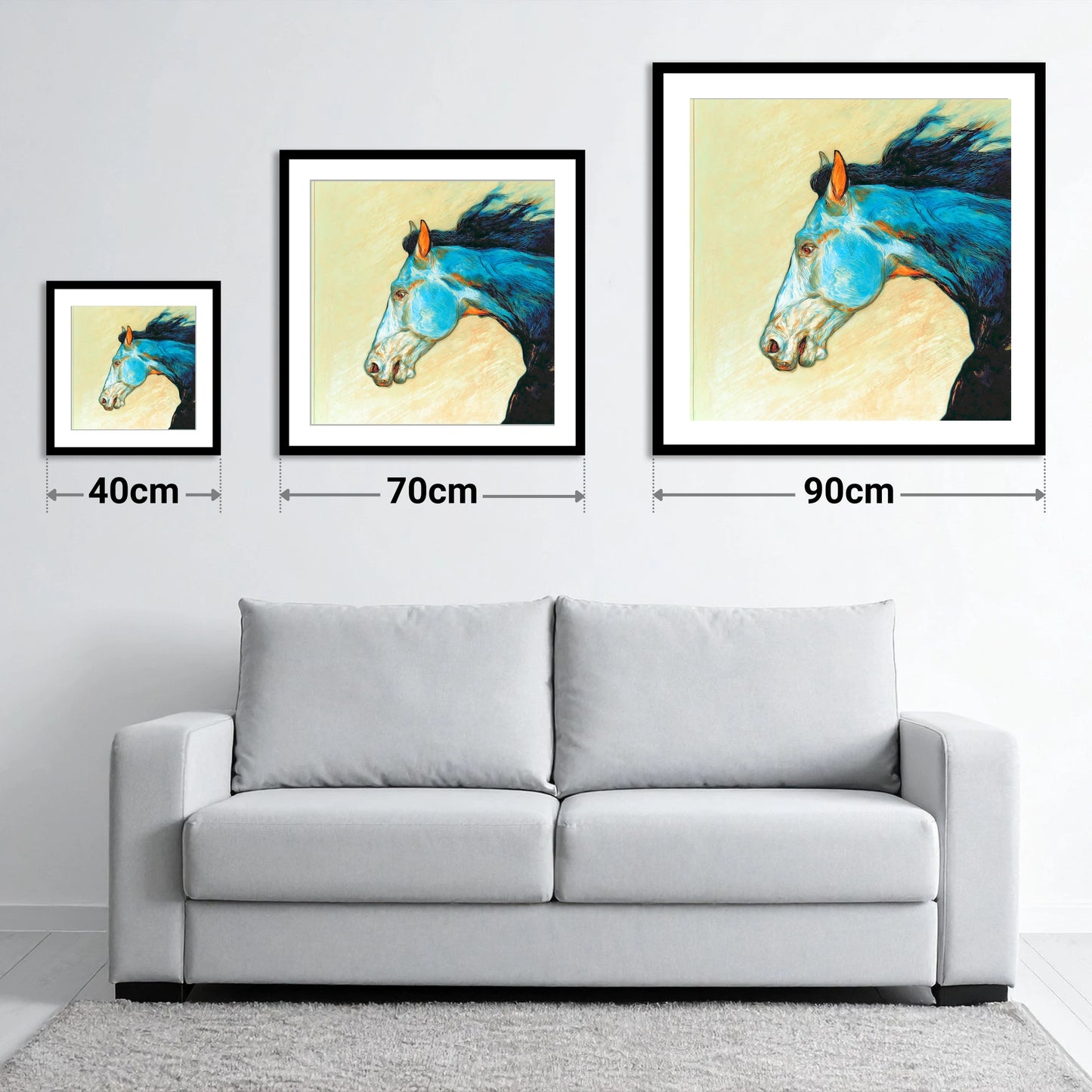 Cerulean Spirit - size guide showing 40cm, 70cm and 90cm art prints