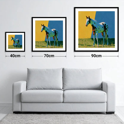 Spotted Horse in Vibrant Colours - size guide showing 40cm, 70cm and 90cm art prints