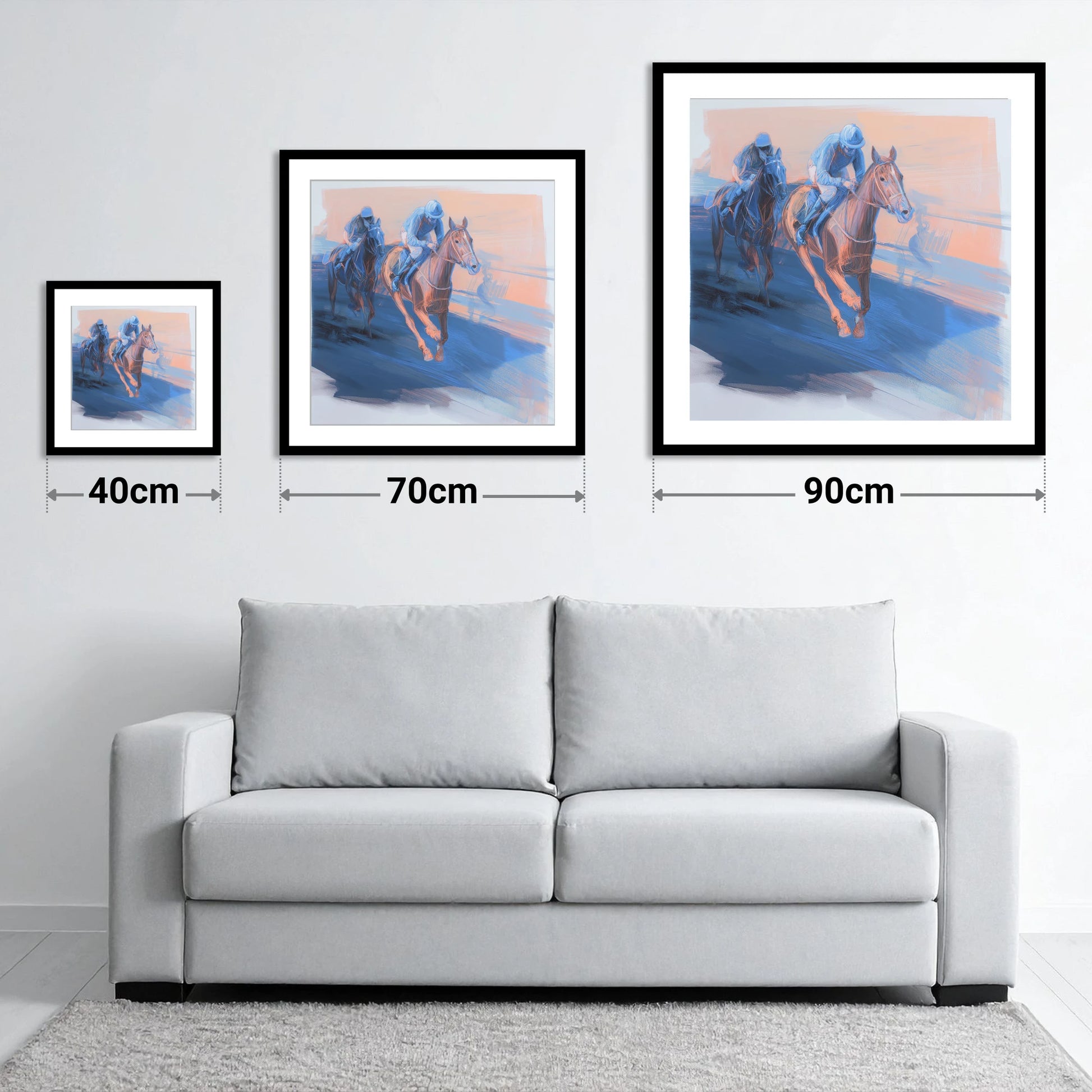 The Blue Furlong - size guide showing 40cm, 70cm and 90cm art prints