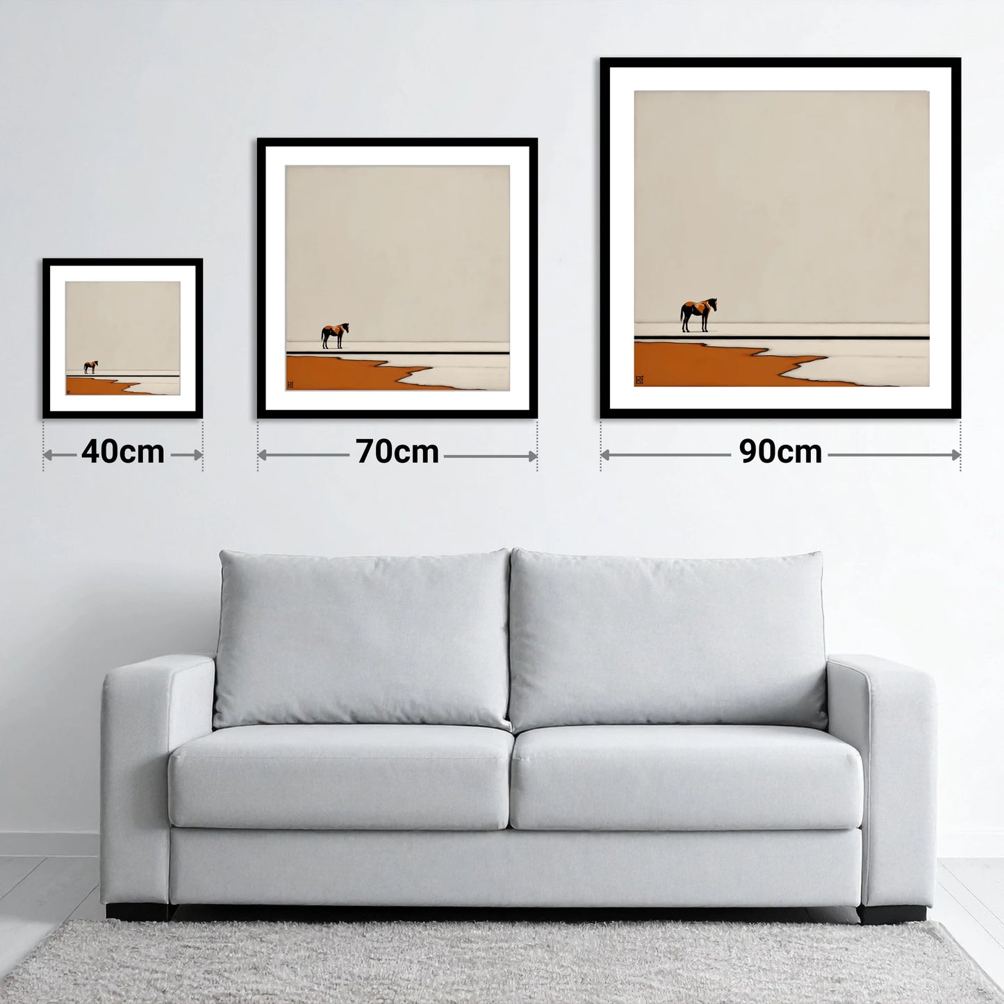 The Amber Horizon - size guide showing 40cm, 70cm and 90cm art prints