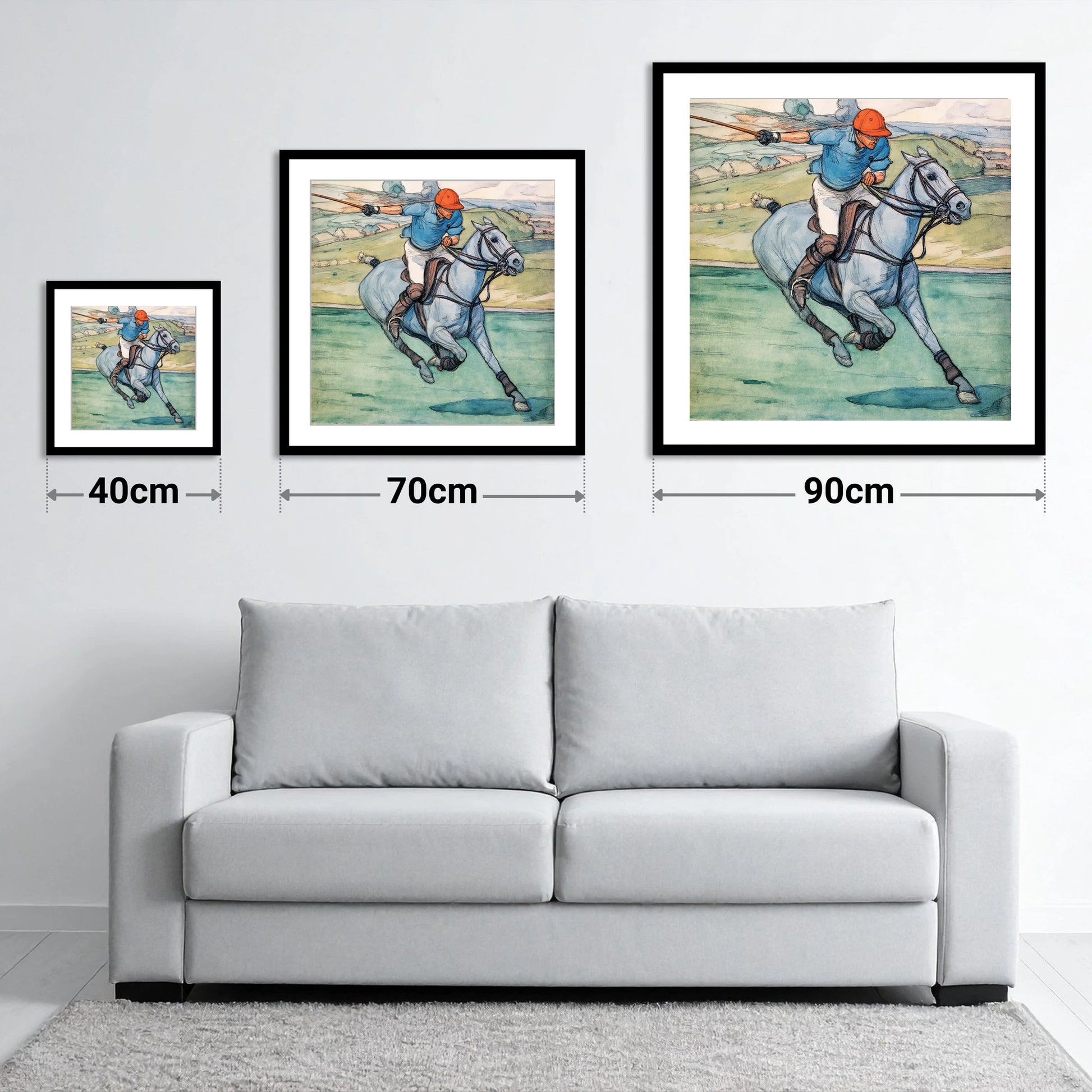 The Nearside Shot - size guide showing 40cm, 70cm and 90cm art prints