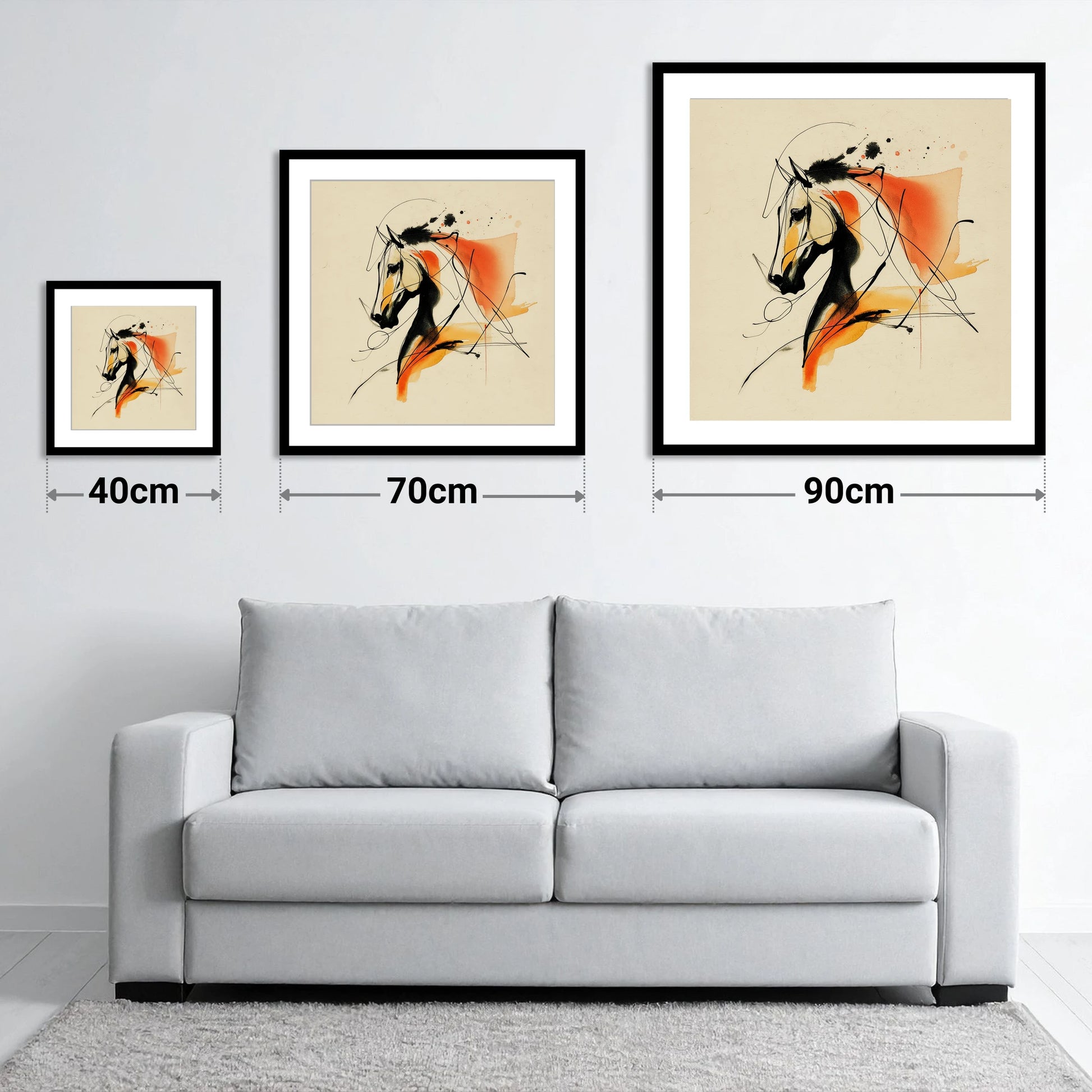 Dynamic Amber Silhouette - size guide showing 40cm, 70cm and 90cm art prints