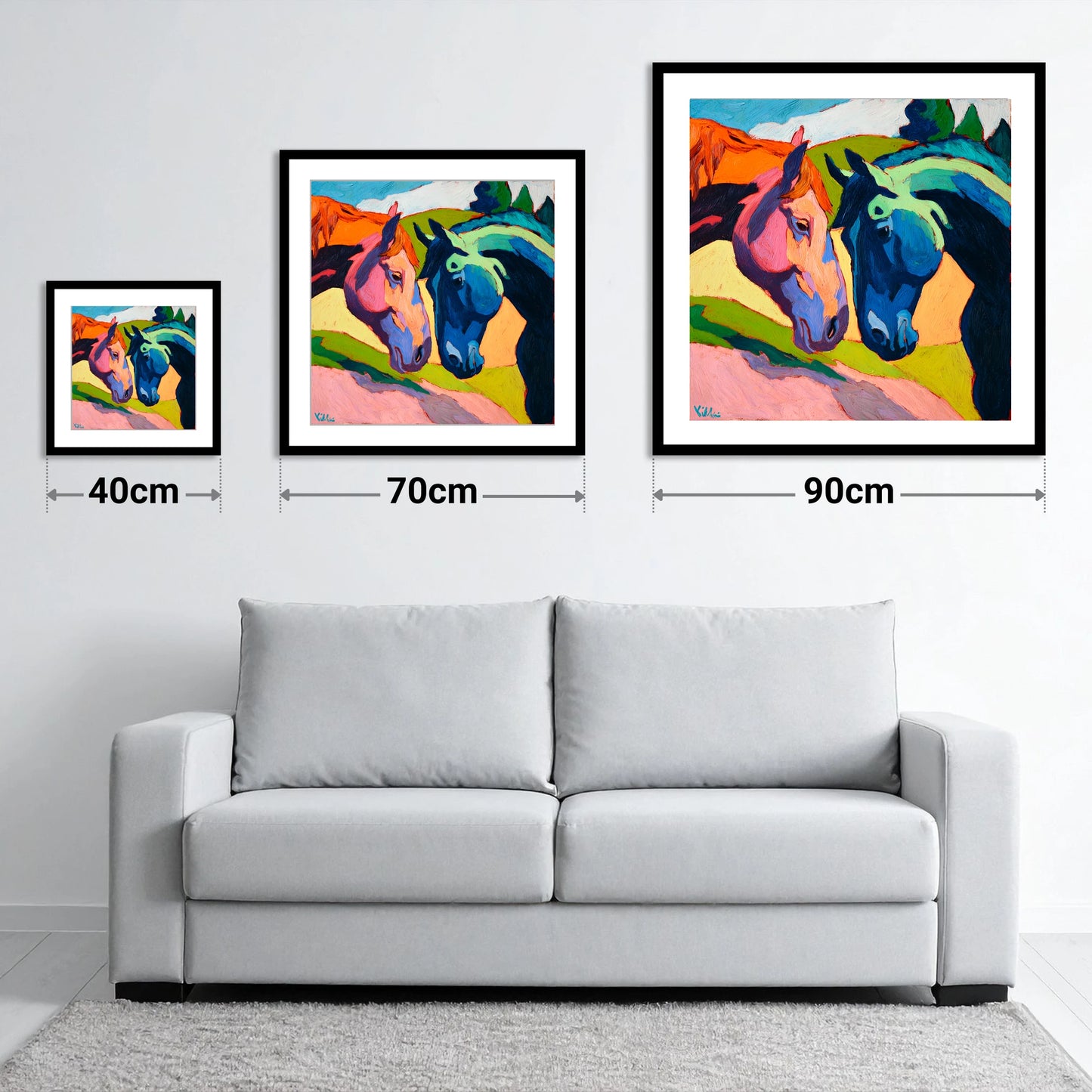 Vibrant Equine Connection - size guide showing 40cm, 70cm and 90cm art prints
