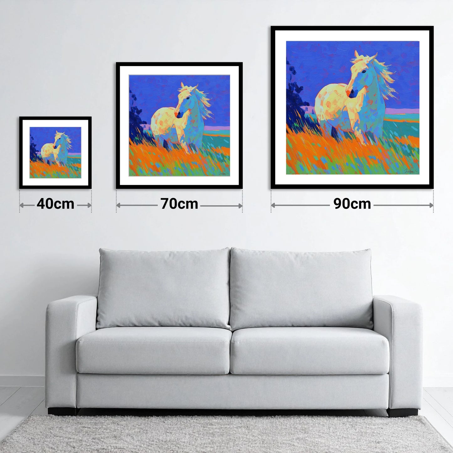 Vibrant Equine Spirit - size guide showing 40cm, 70cm and 90cm art prints