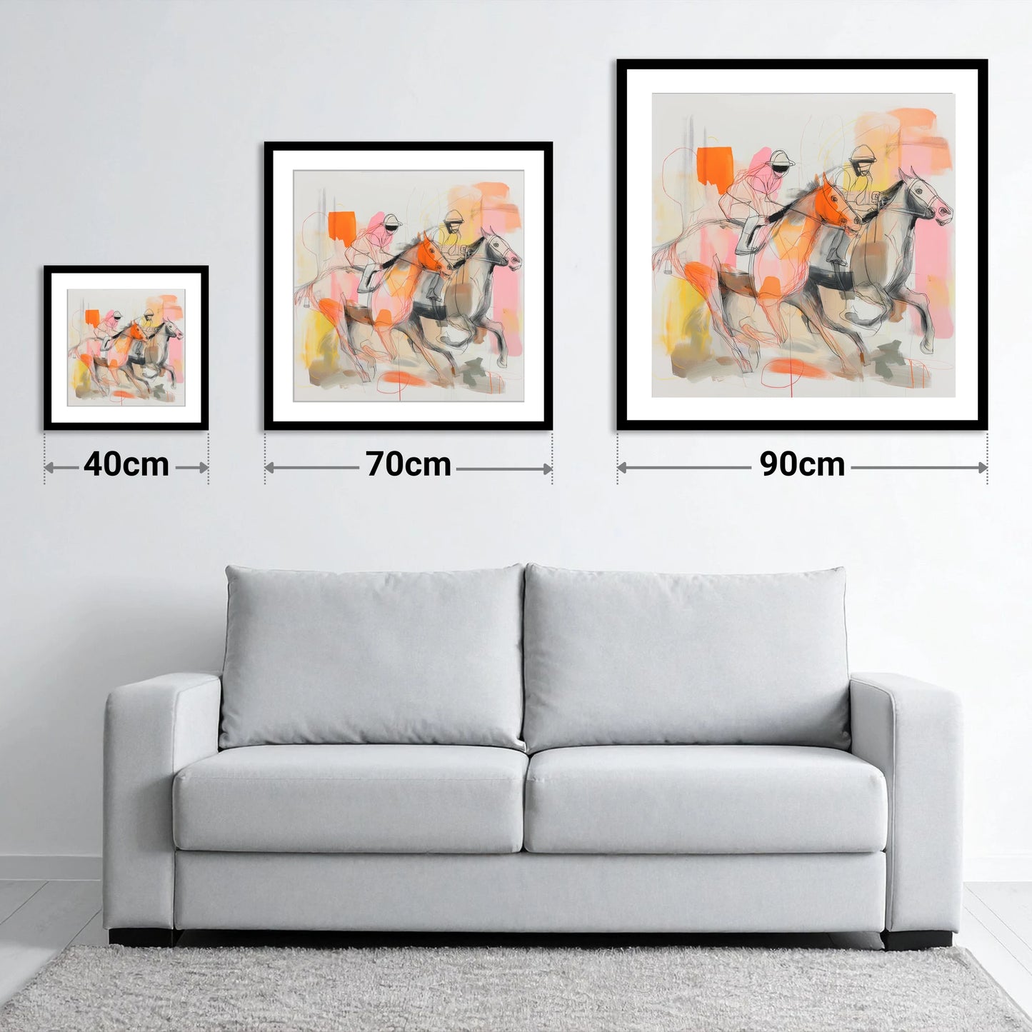 Vibrant Final Furlong - size guide showing 40cm, 70cm and 90cm art prints